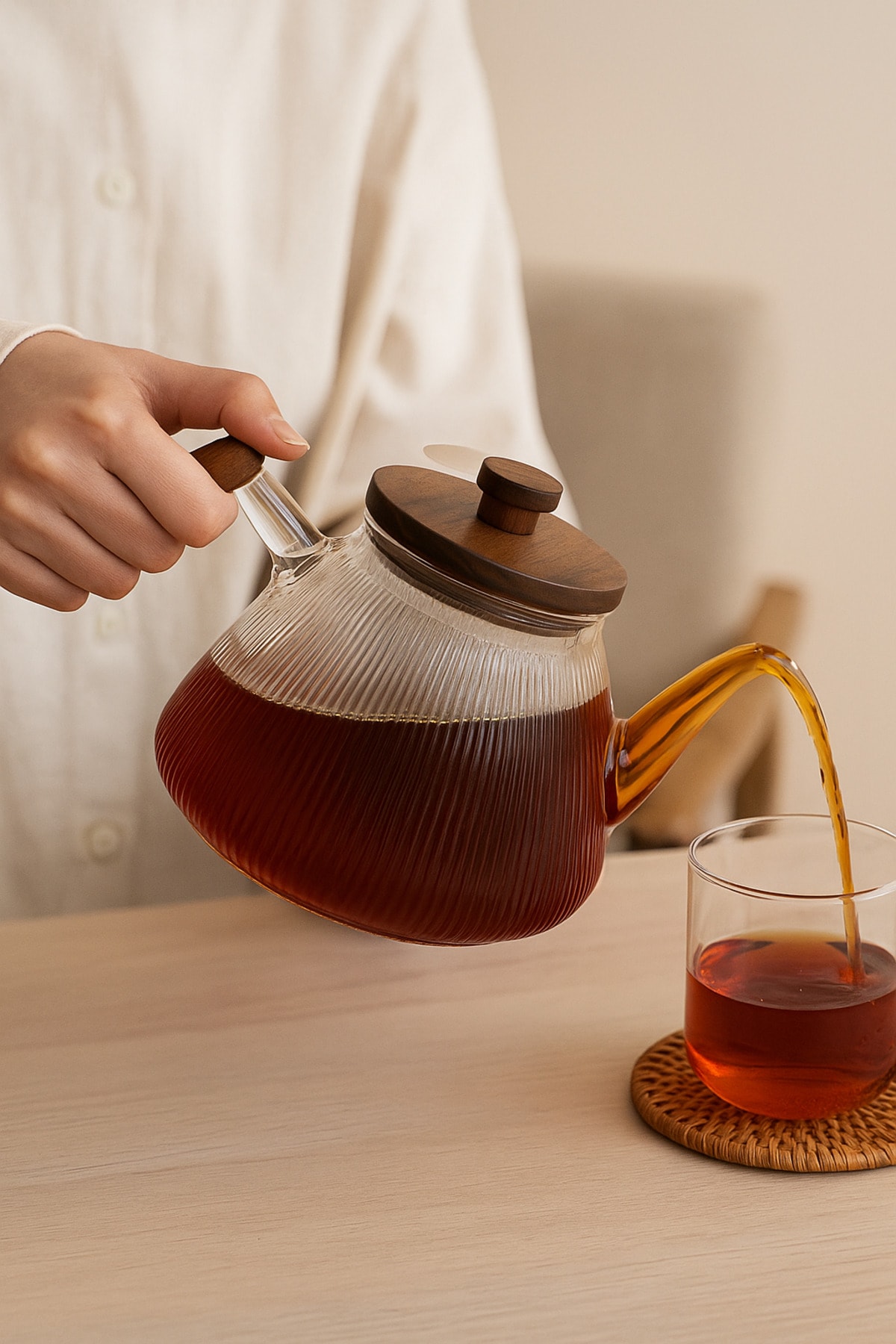 Isıya Dayanıklı Cam Demlik 1000 ml – Akasya Saplı Süzgeçli Çay Demliği