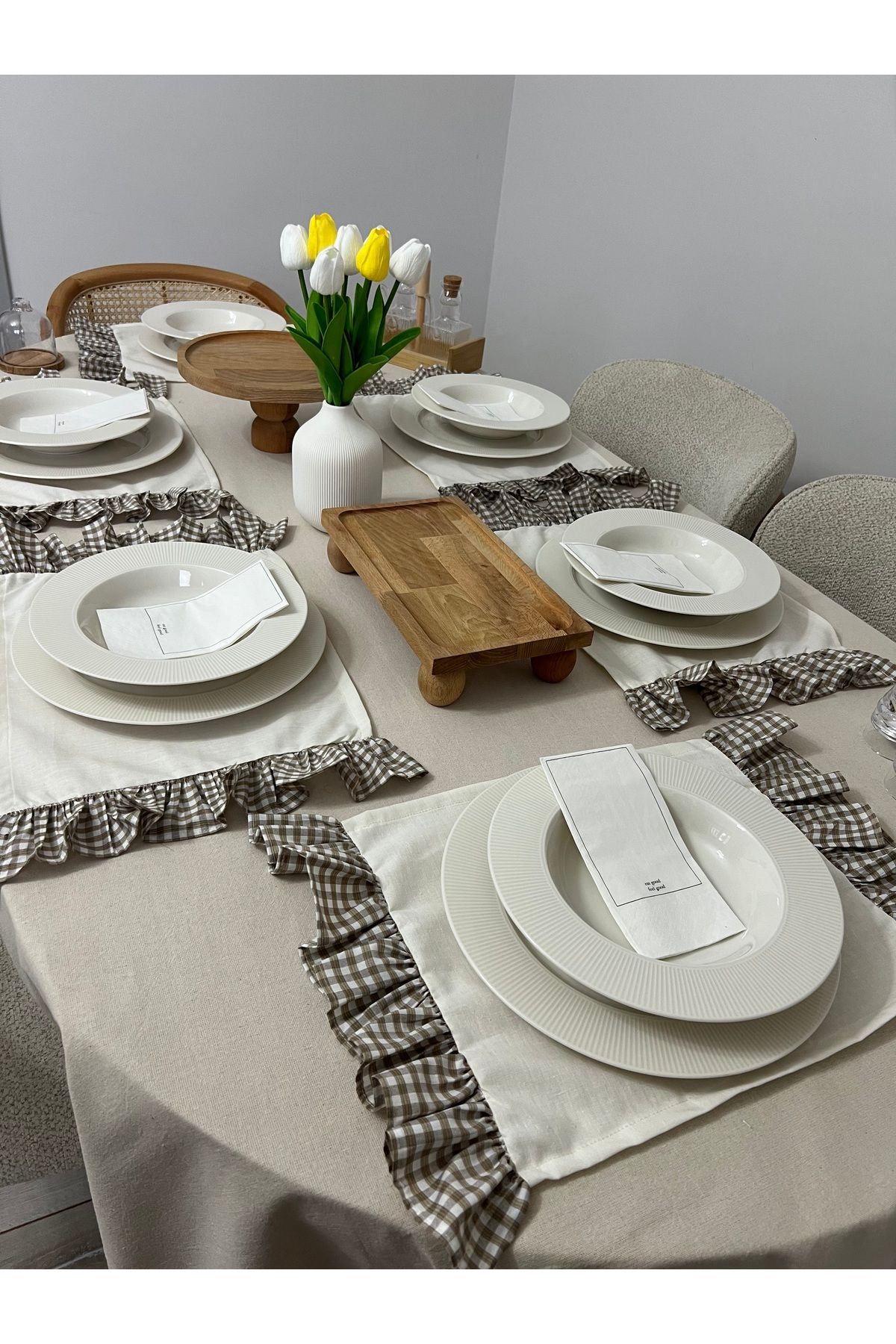 6'lı Fırfırlı Pamuk Keten Amerikan Servis - Keten Supla - 2 Kenar Fırfırlı