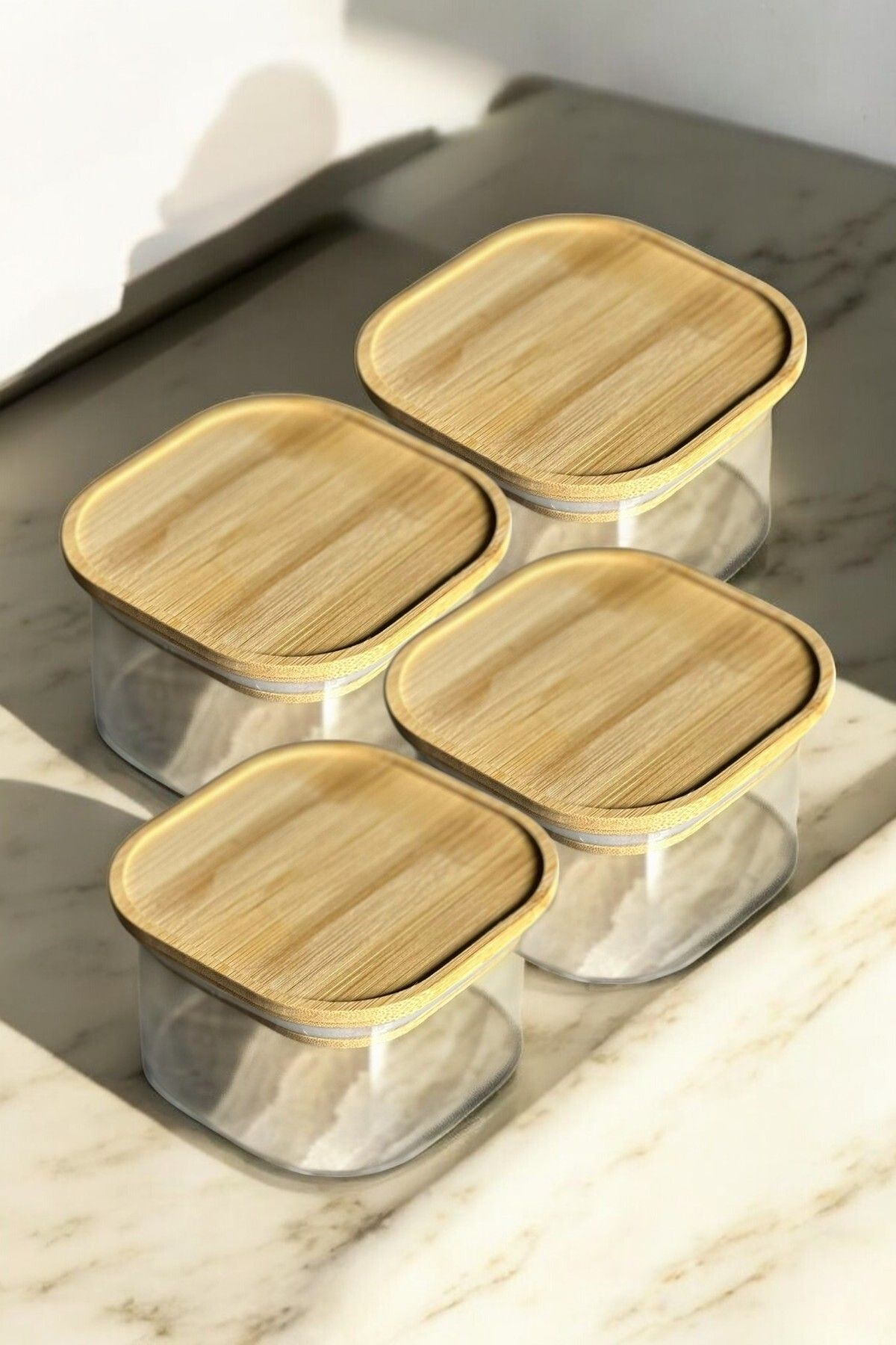 400 Ml Bambu Kapaklı Kare Borosilikat Cam Kase | Kahvaltılık ve Saklama Kabı - 4