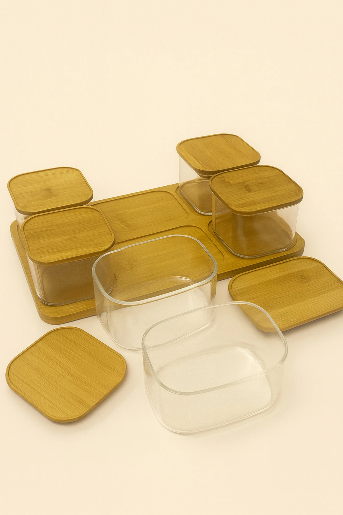 Bambu Kapaklı 6’lı Cam Kahvaltılık Seti | Bambu Standlı Servis Seti