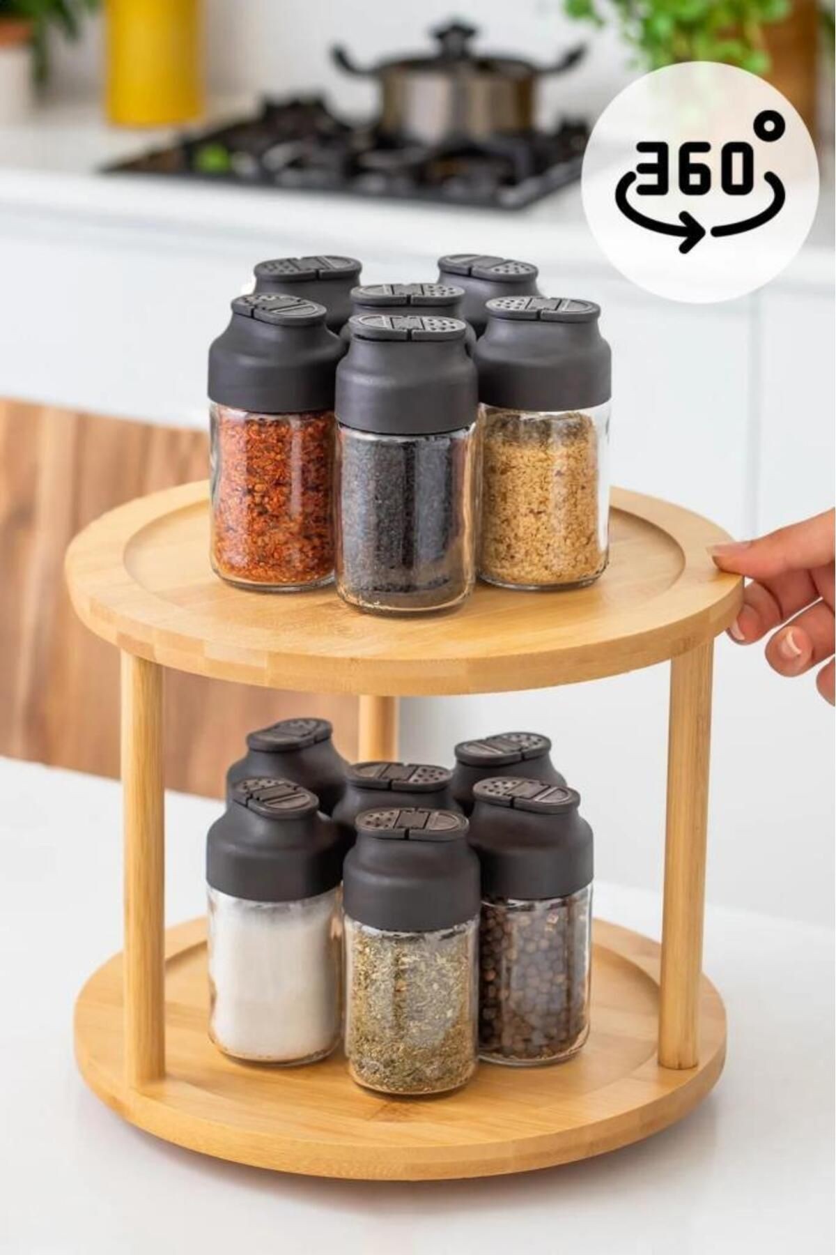 360 Döner Standlı Bambu Sunumluk Organizer-2 Katlı Baharatlık Düzenleyici Stand