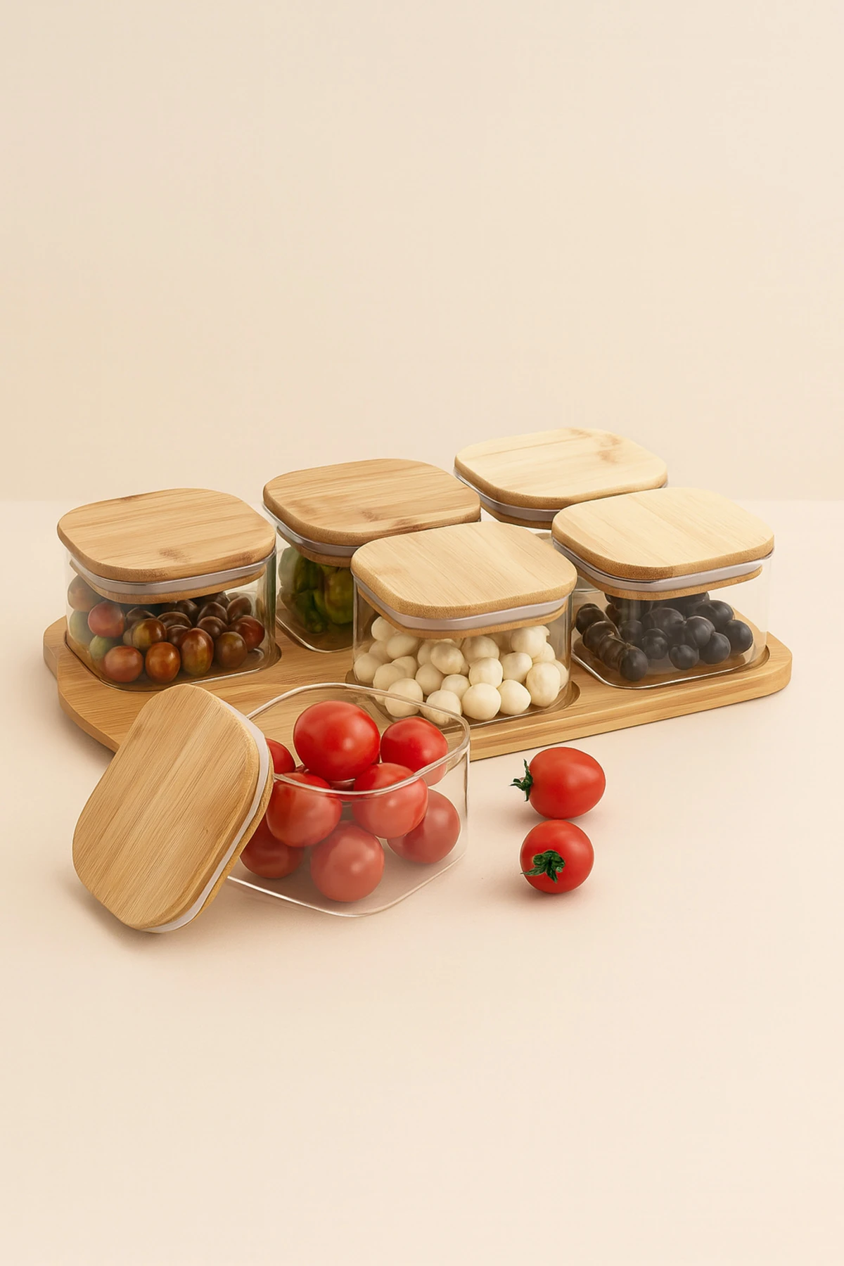 6’lı Bambu Kapaklı Cam Kahvaltılık Seti | Sızdırmaz Kapaklı Cam Saklama Kapları