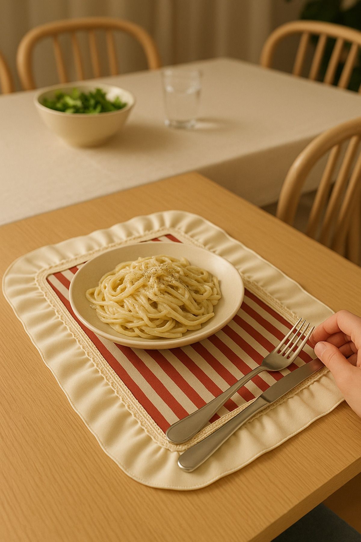 2’li Kırmızı Çizgili Fırfır Detaylı Keten Amerikan Servis Seti – 40x35 cm Supla