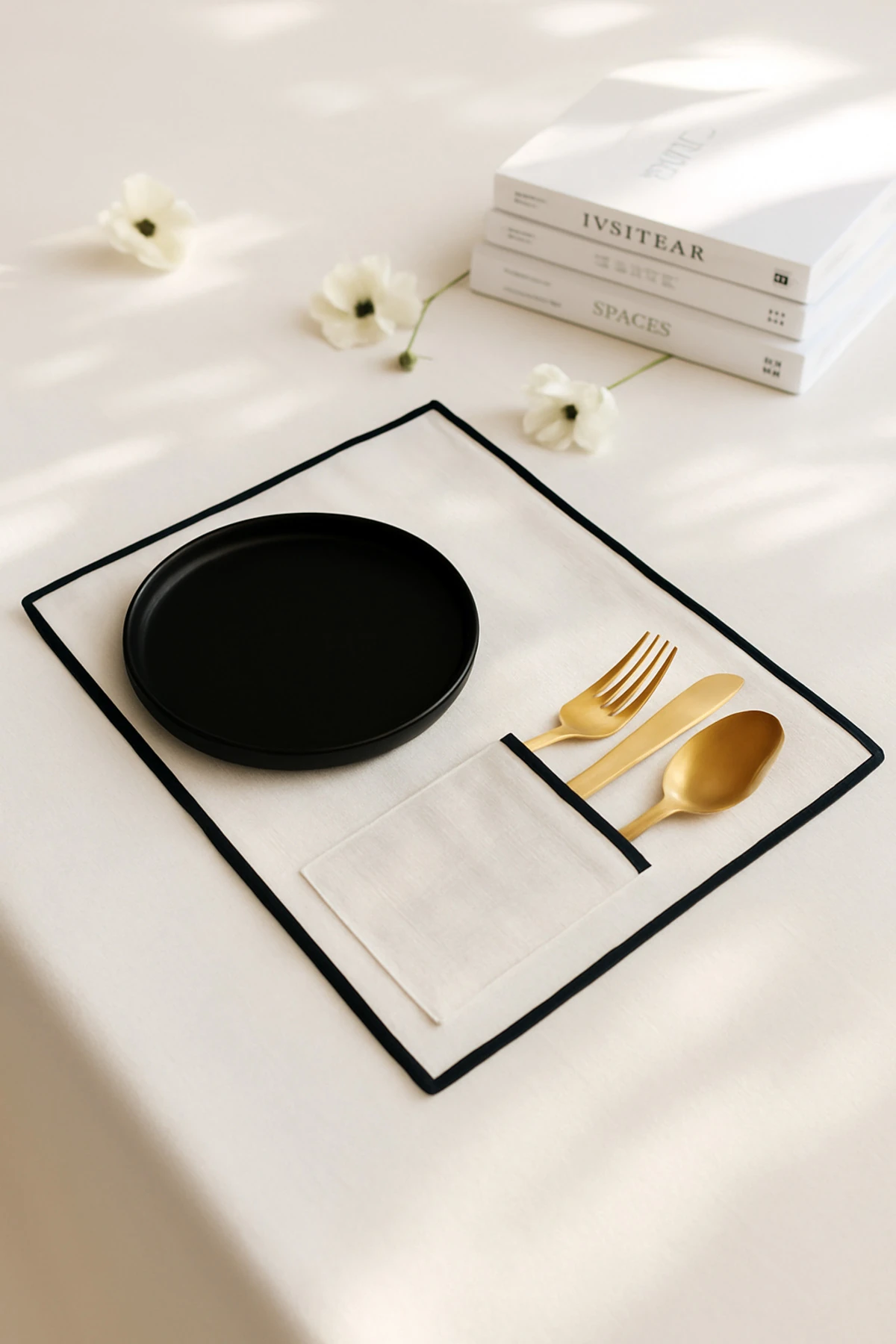 6'lı Biyeli Amerikan Servis Seti | Cep Detaylı Şık Sofra Altlığı - ekru