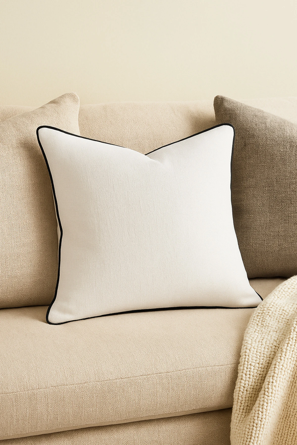 Biyeli Keten Kırlent Kılıfı 43x43 cm – Siyah Biyeli Beyaz