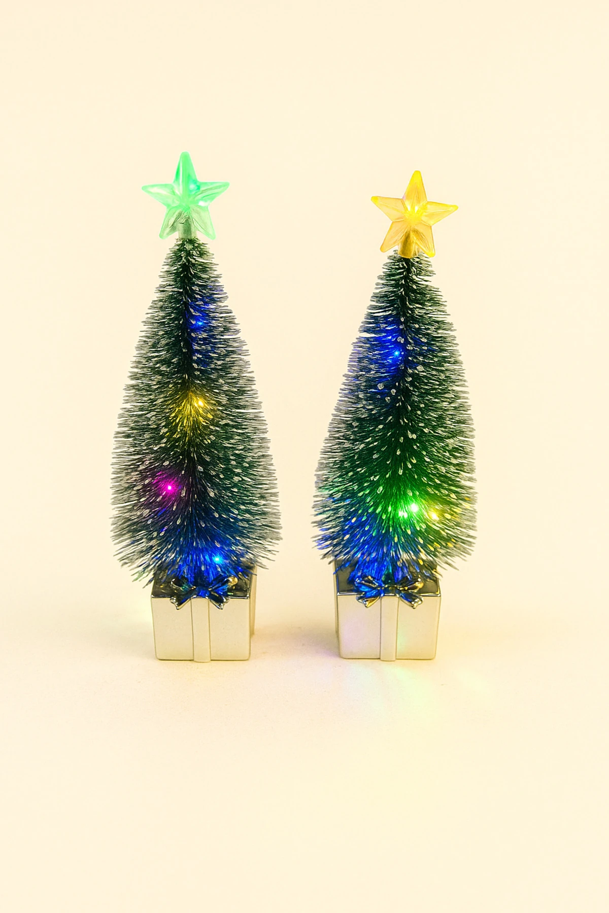 2’li Işıklı Mini Çam Ağacı Dekor – Yılbaşı Masa Süsü ve Hediyelik - gümüş