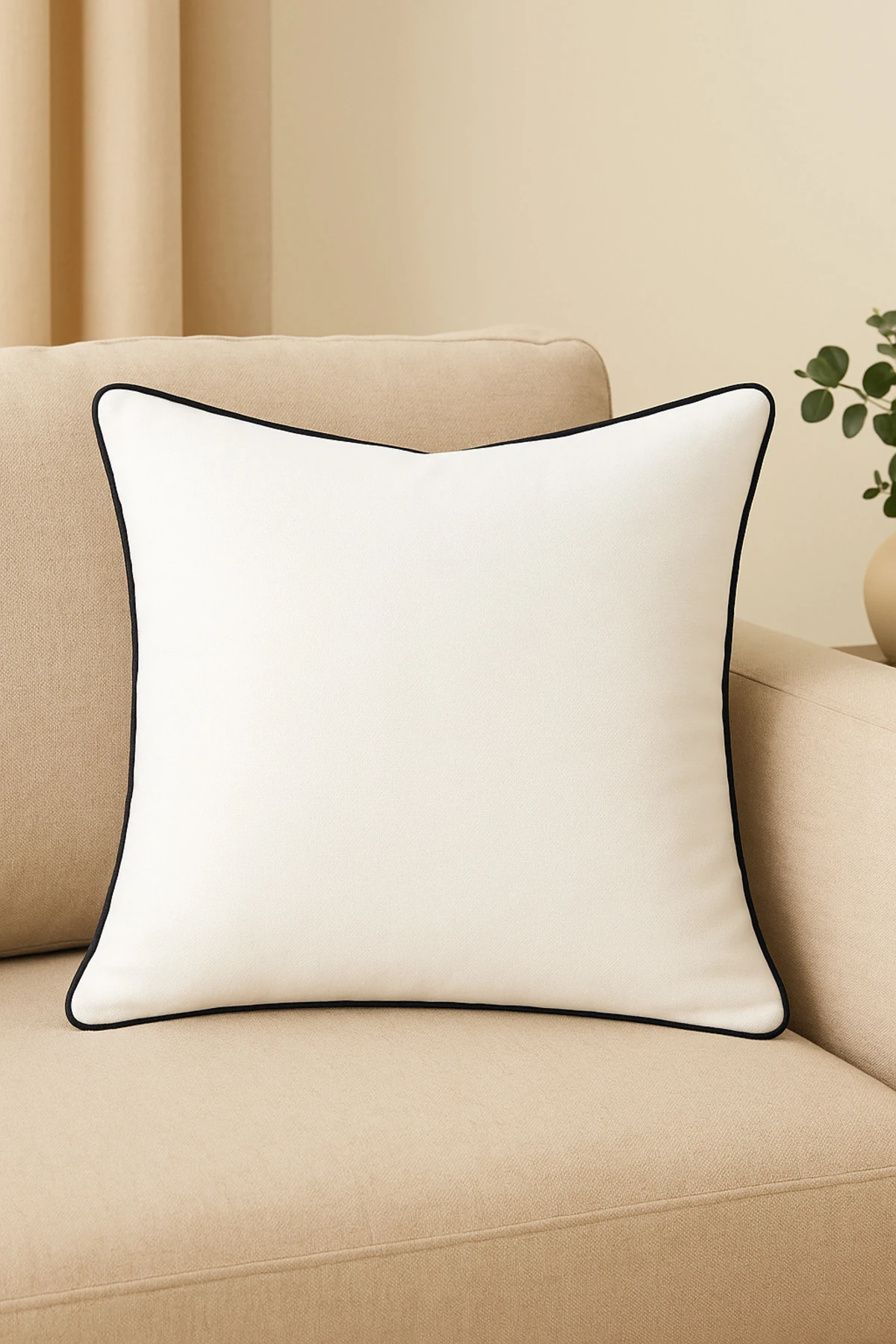 Biyeli Keten Kırlent Kılıfı 43x43 cm – Siyah Biyeli Beyaz