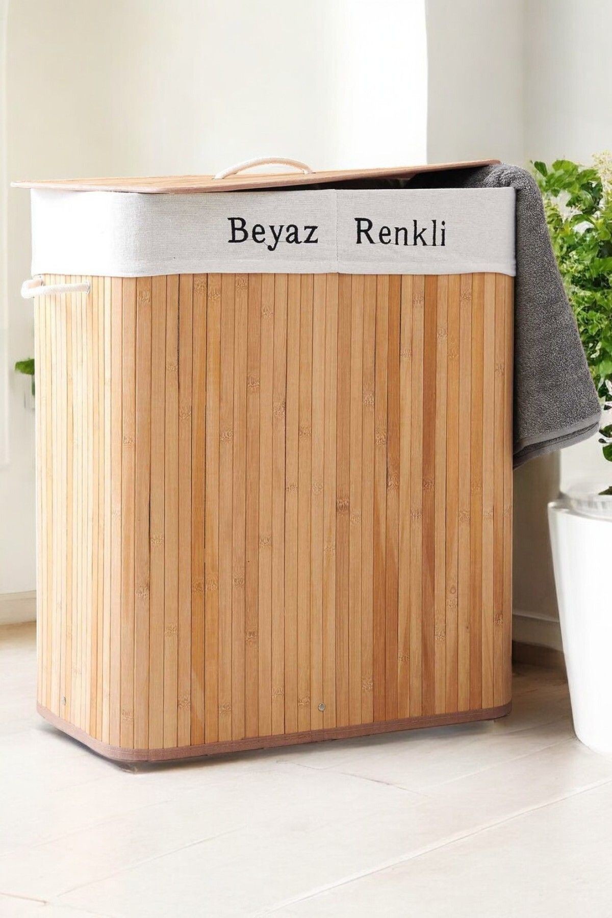 Bambu Çamaşır Sepeti - Kapaklı ve Bölmeli Kirli Sepeti 2 Gözlü