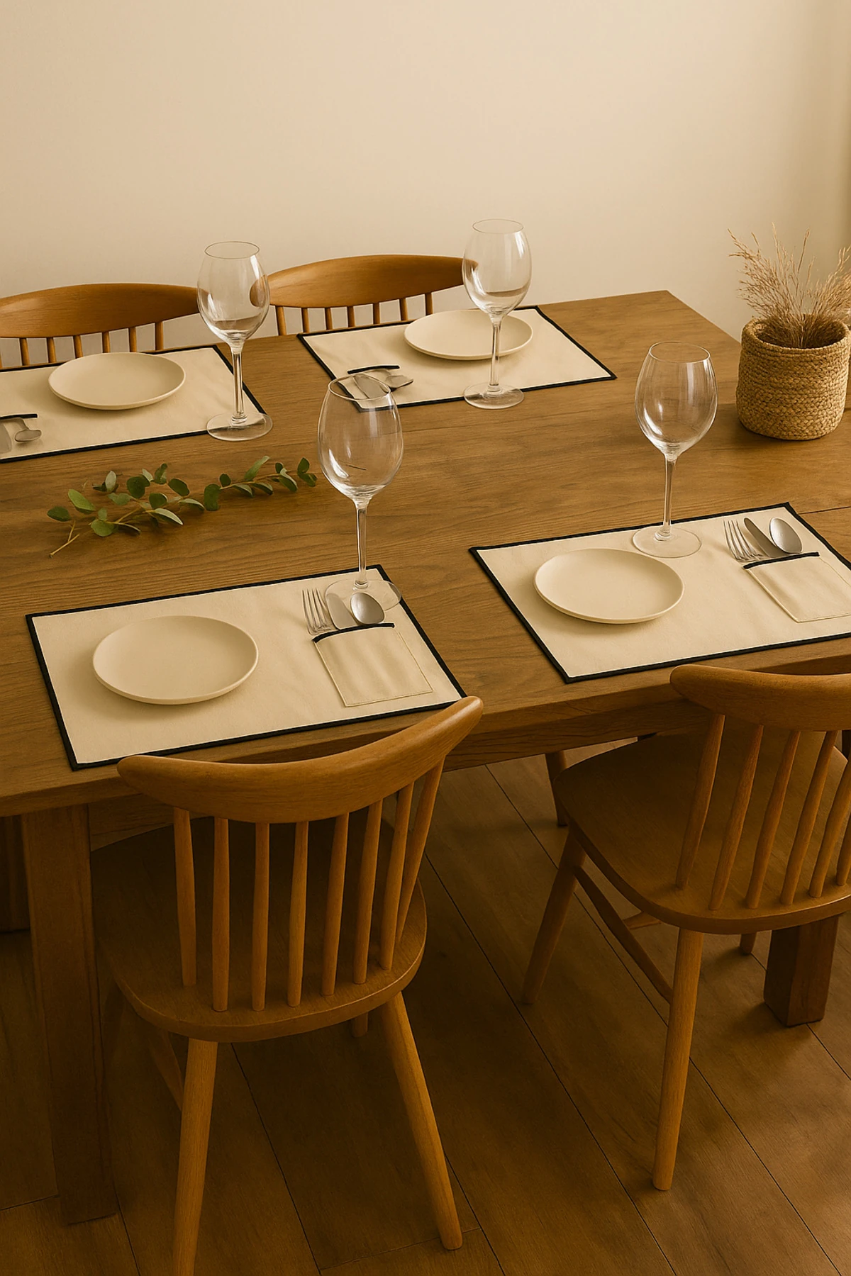 6'lı Bej Ham Keten Siyah Biyeli Amerikan Servis Seti | Cep Detaylı Şık Sofra Altlığı