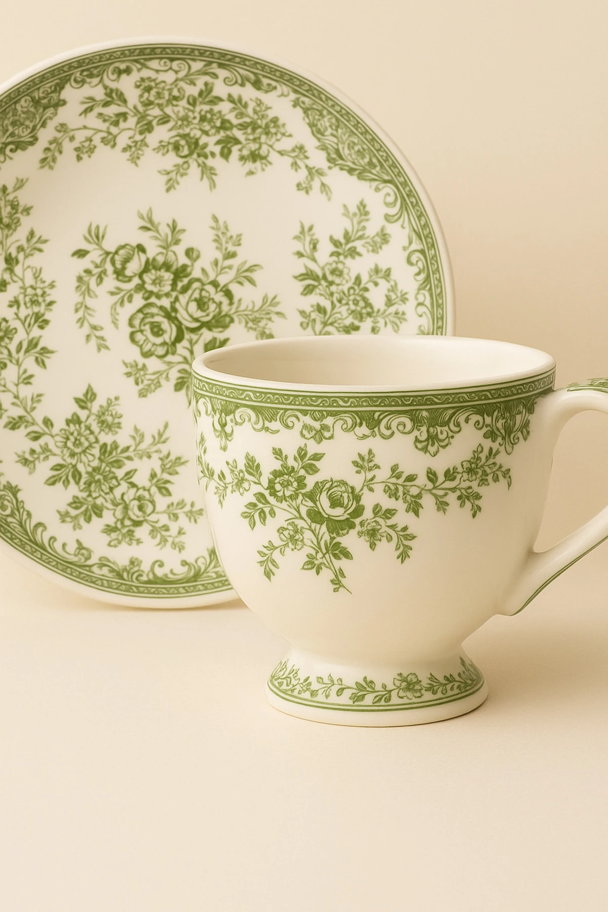 2’li Floral Desenli Porselen Kahve Fincanı ve Tabak Seti – Vintage Kahve Takımı - Yeşil