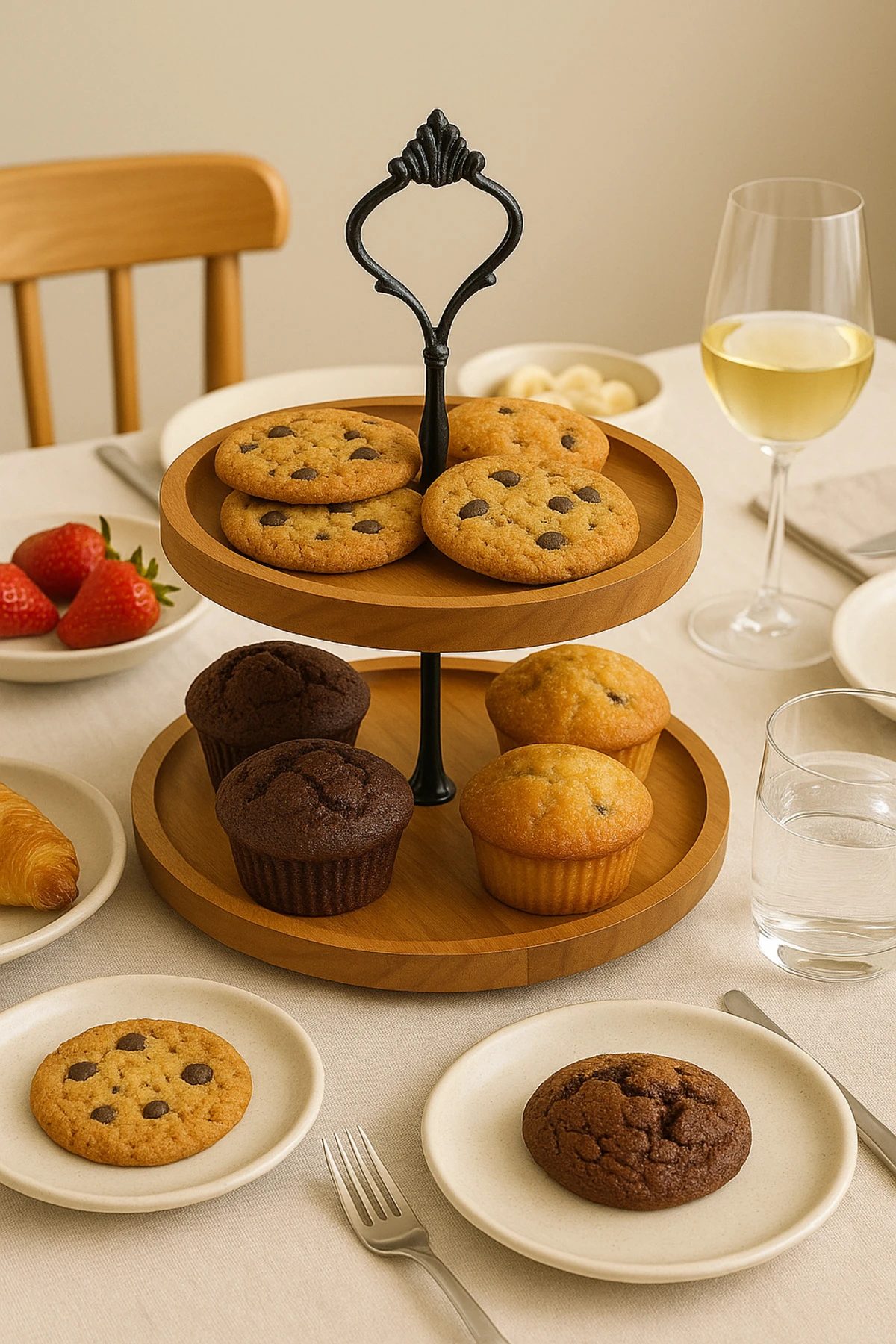 Akasya 2 Katlı Metal Detaylı Servis Tabağı - Sunumluk Organizer Kurabiyelik