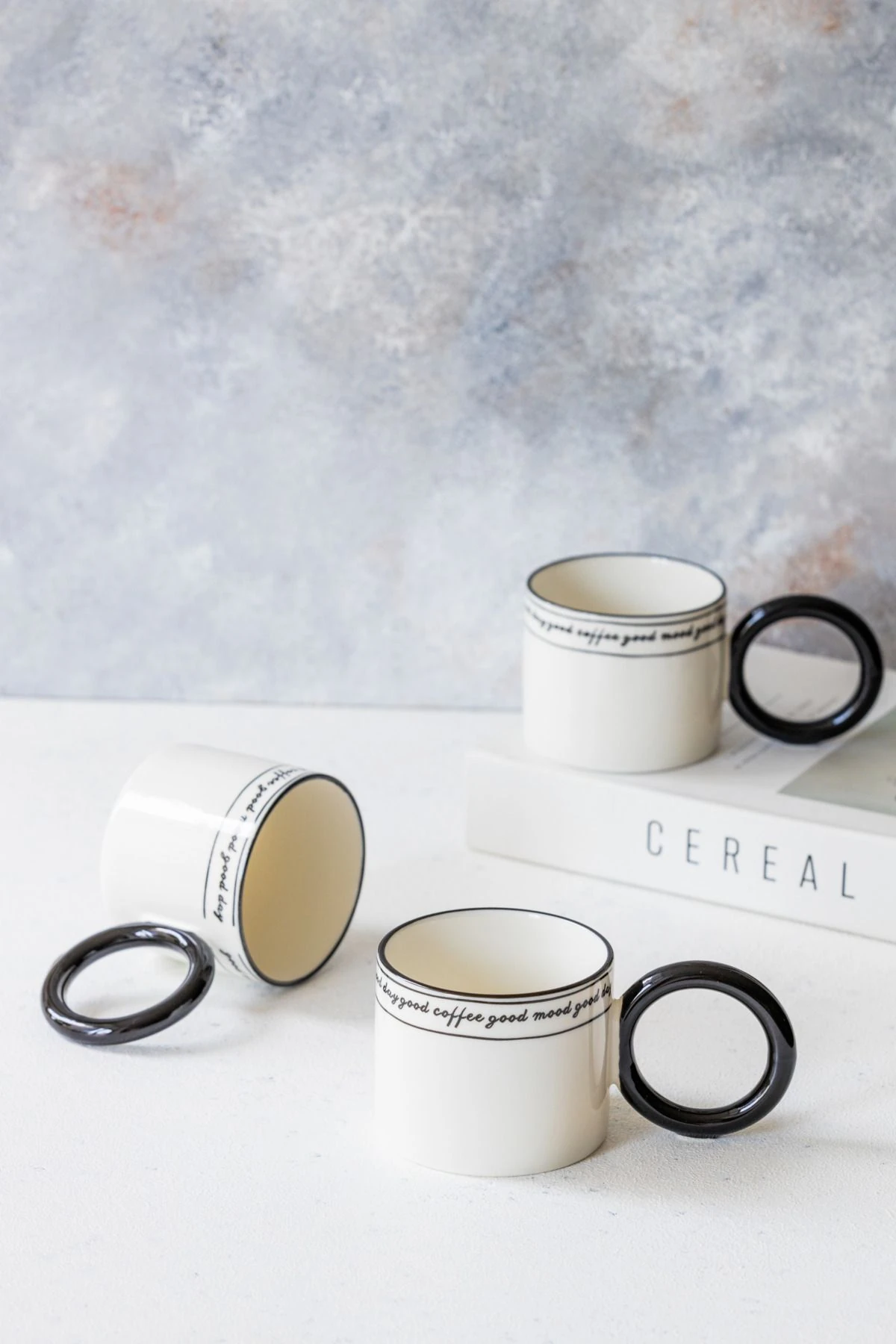 3’lü Halka Kulplu Modern Tasarım Porselen Kupa Seti