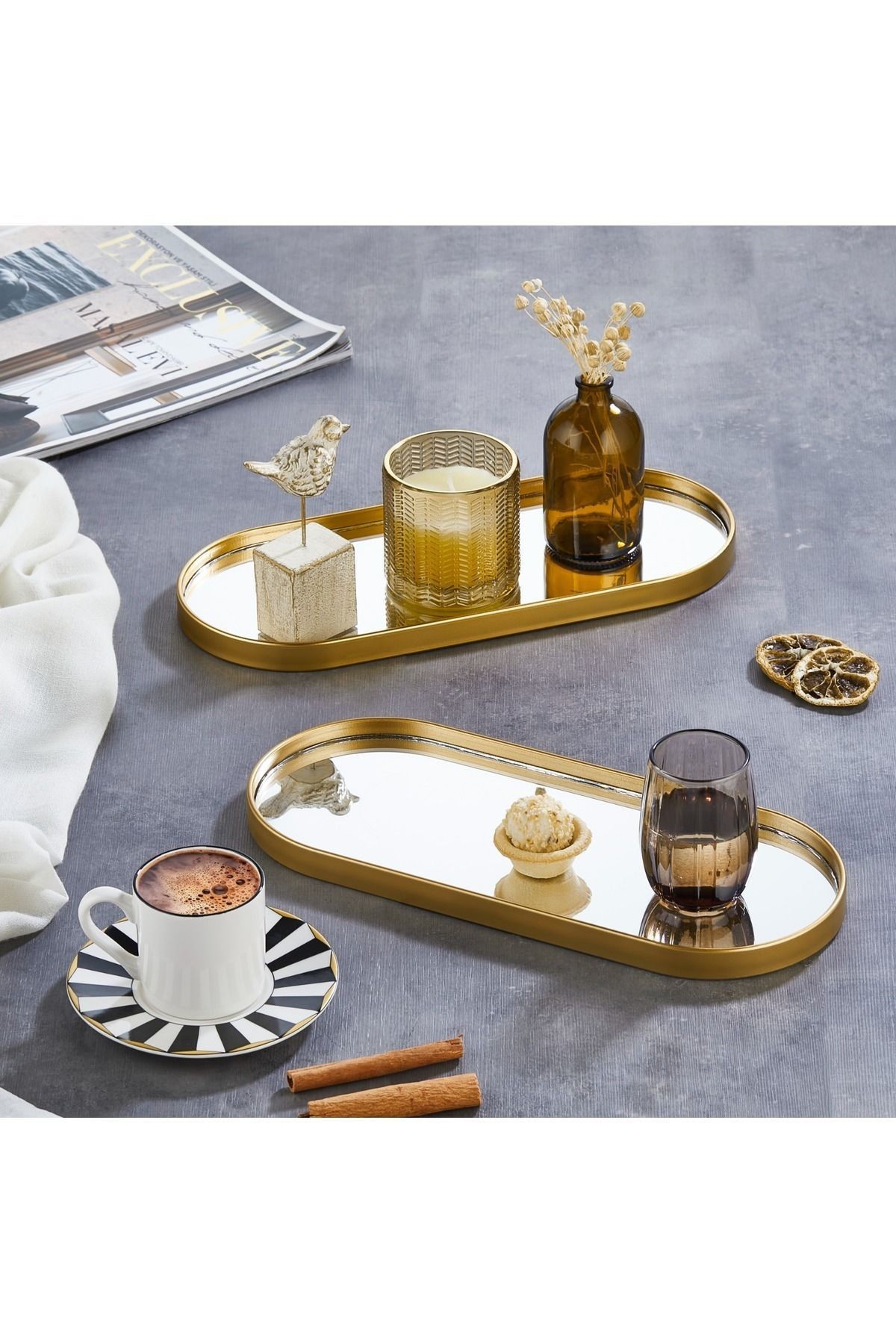 3 Adet Gold Oval Ayna Tepsi – Dekoratif Duvar Aynası & Takı Organizer 12x30