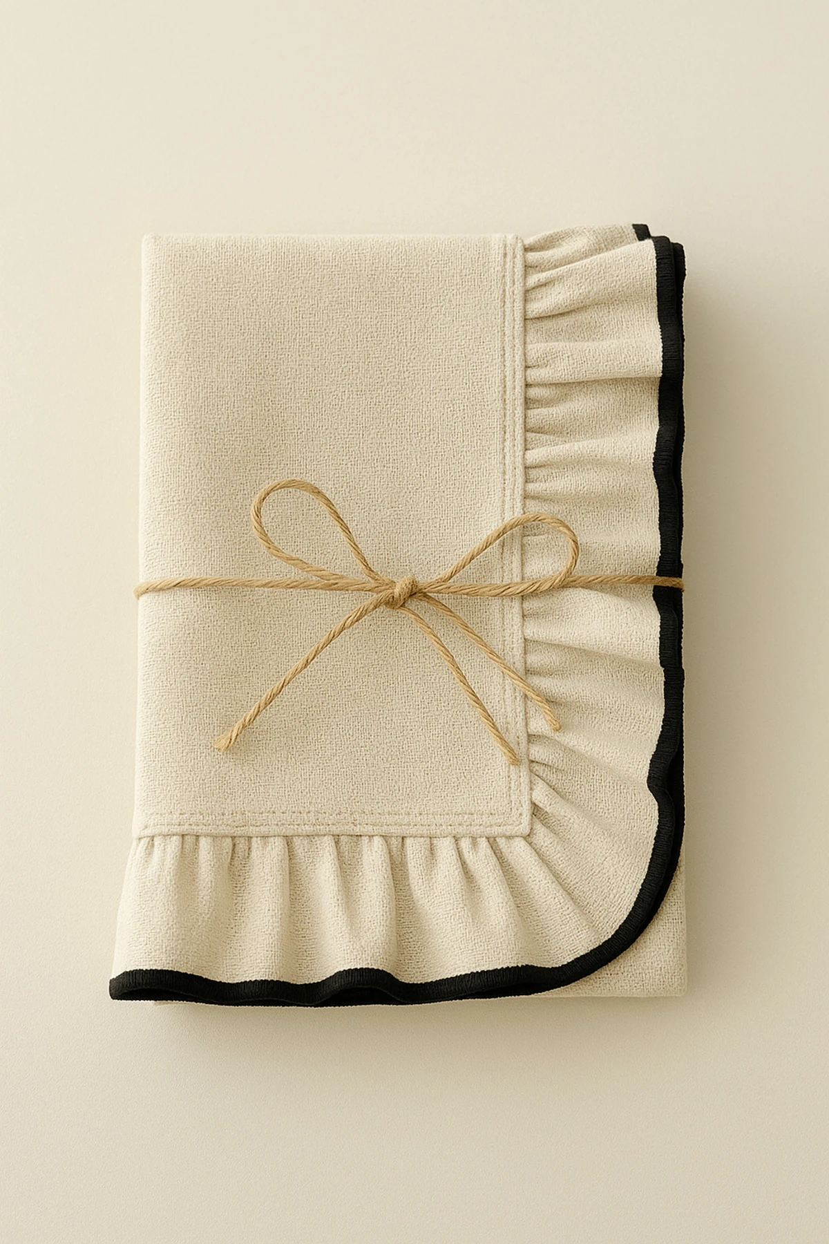 Biyeli Fırfırlı Ham Keten Runner – 40×120 cm | Siyah Biyeli, Doğal ve Zarif Sofra Dekoru