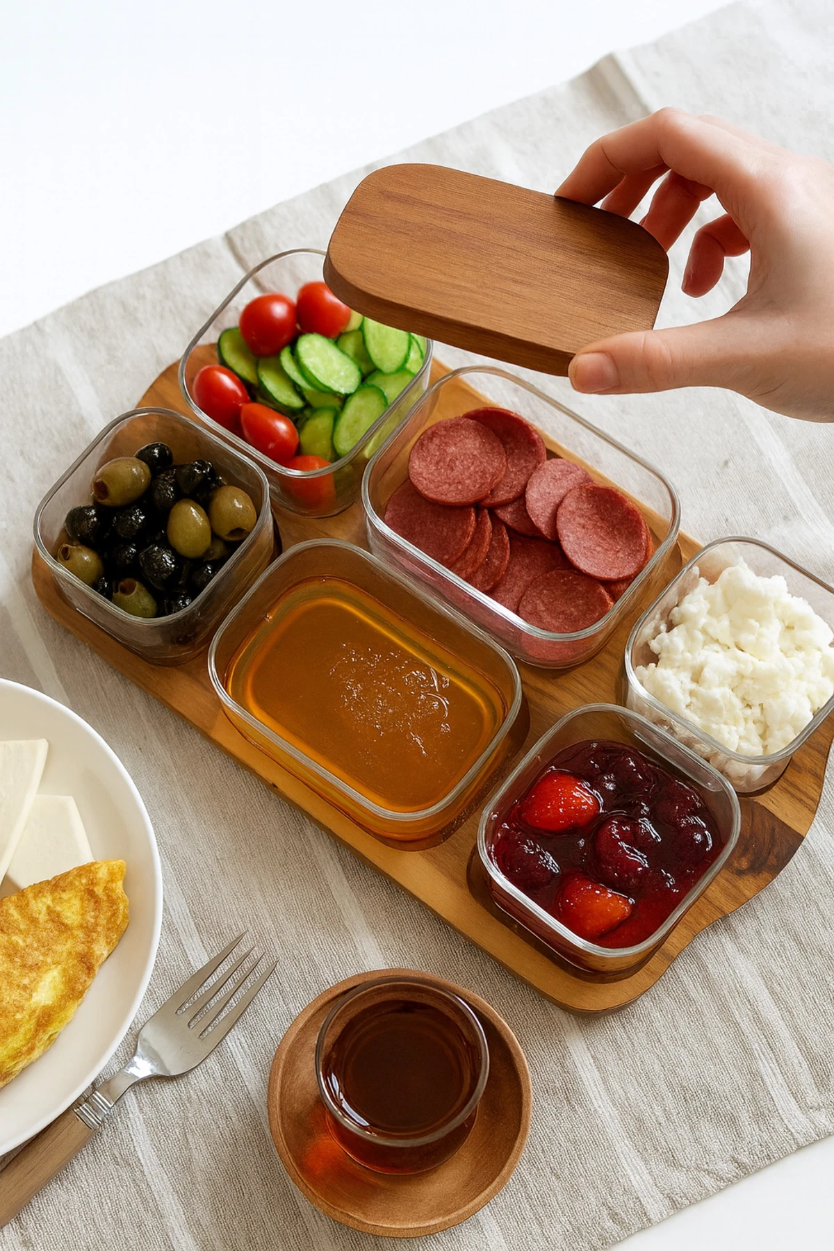 6’lı Akasya Standlı Vakum Kapaklı Cam Kahvaltılık Seti – Kare ve Dikdörtgen Borosilikat Kaseler