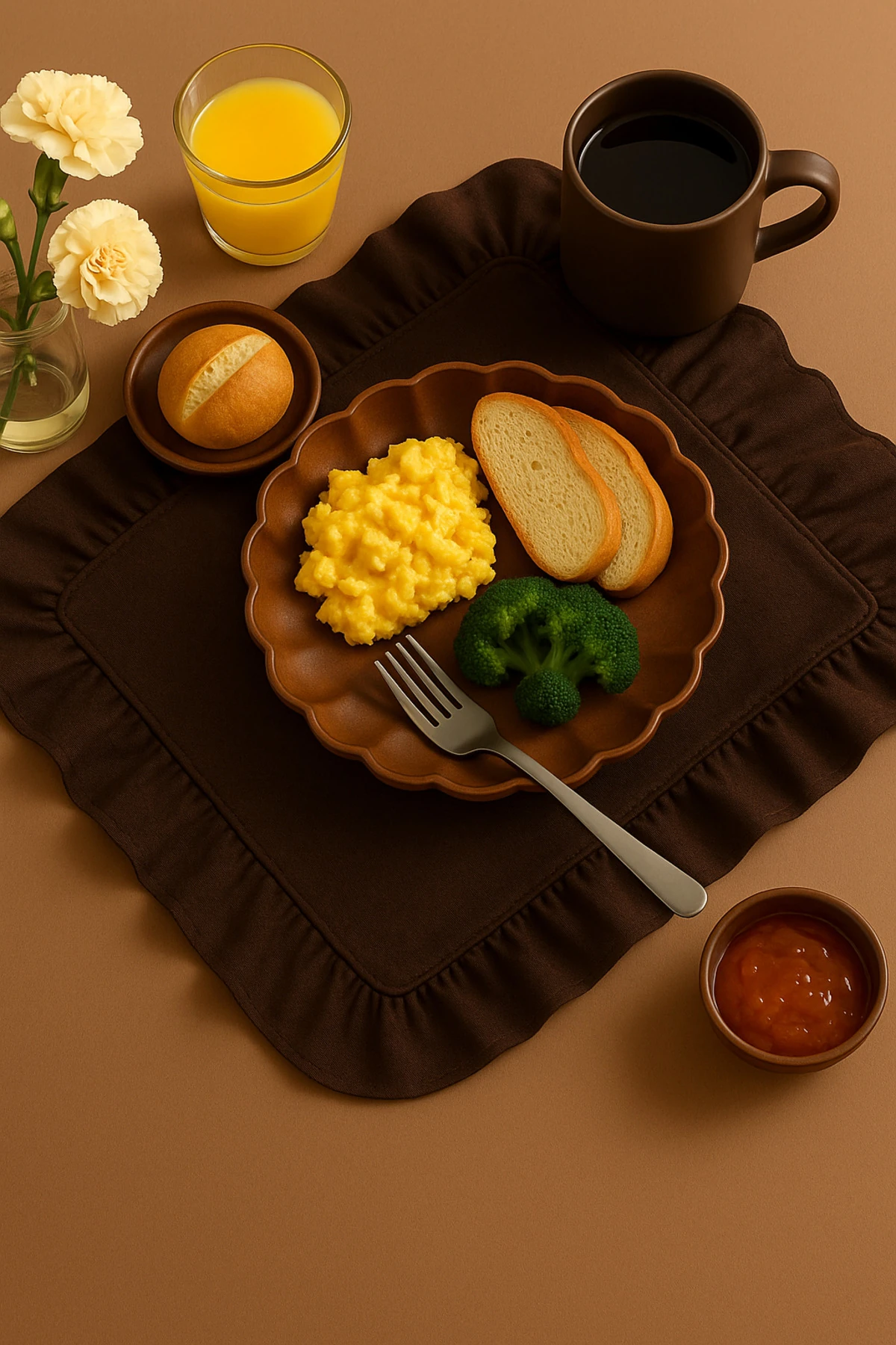 6'lı  Fırfırlı Pamuk Keten Amerikan Servis - Keten Supla - 4 Kenar Fırfırlı - Kahverengi