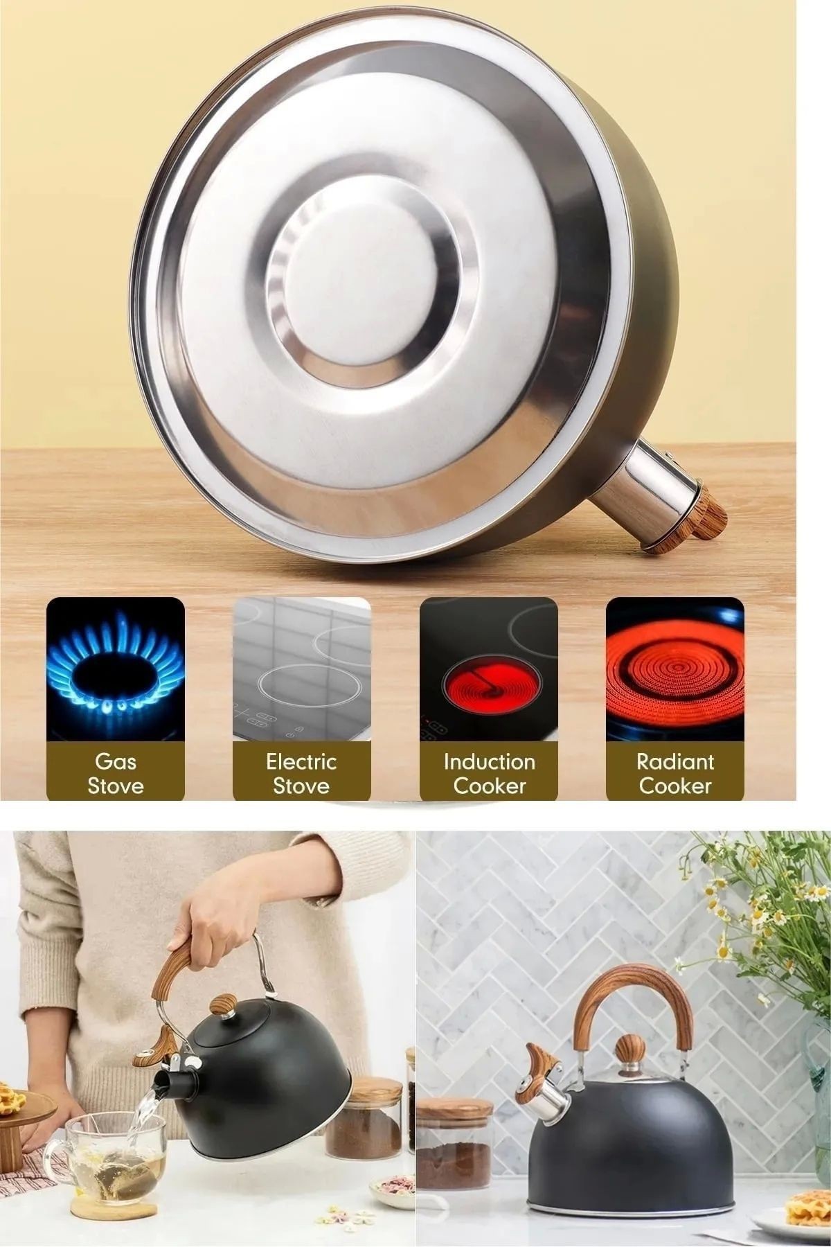 Siyah Paslanmaz Çelik Düdüklü Kettle – Islıklı Su Isıtıcı Çaydanlık (3L)