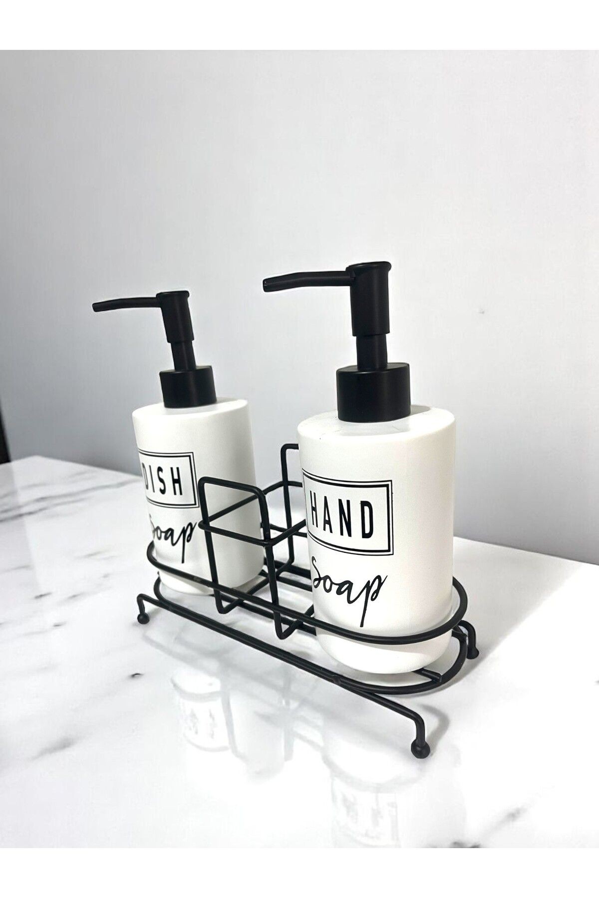 Standlı Mutfak Sıvı Sabunluk Seti – 2'li Seramik Sabunluk & Metal Stand