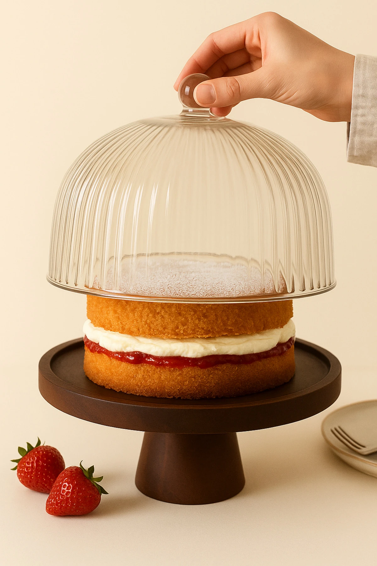 Akasya Tabanlı Ayaklı Cam Kek Fanusu – Kapaklı Sunumluk (Varyantlı)