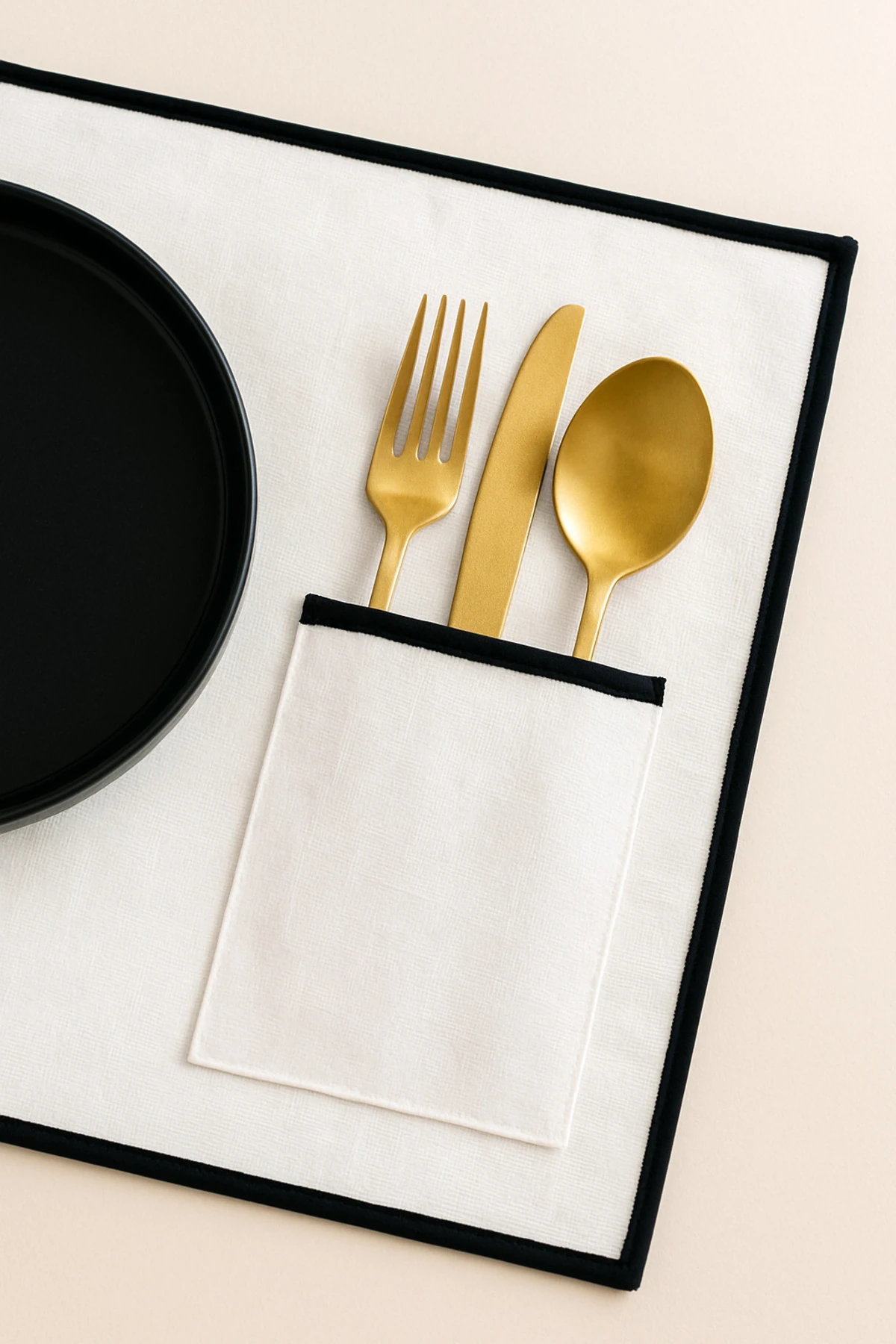 6'lı Biyeli Amerikan Servis Seti | Cep Detaylı Şık Sofra Altlığı - ekru