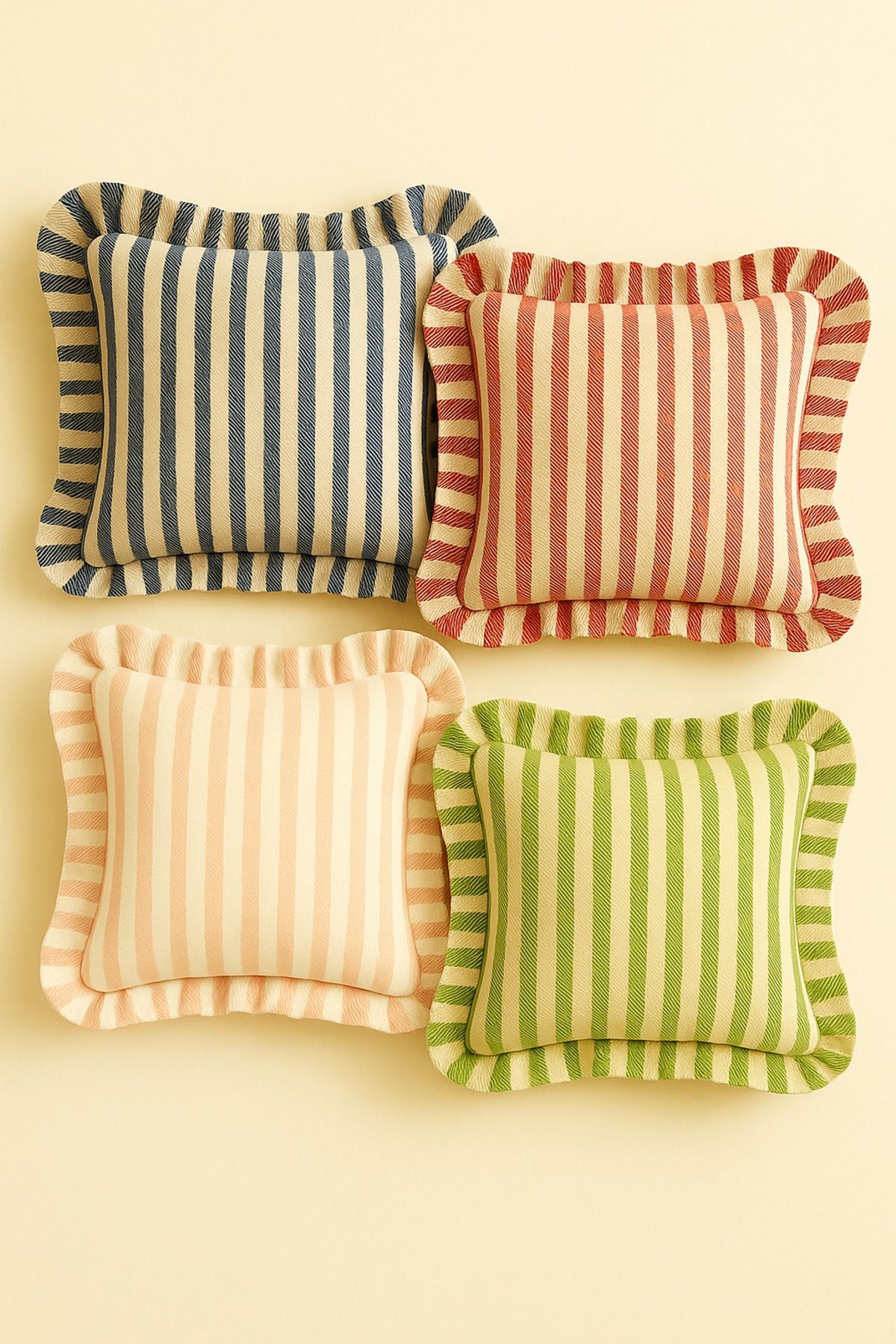 4’lü Fırfırlı Çizgili Keten Kırlent Kılıfı Seti – 43x43 cm Dekoratif Yastık Kılıfı