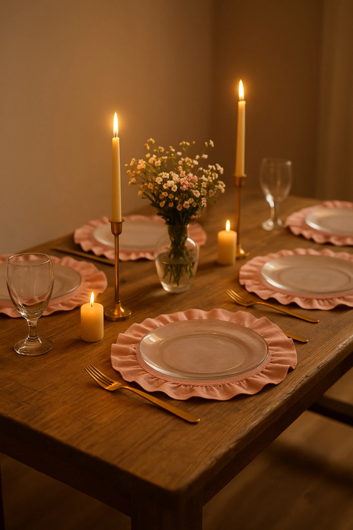 6'lı Kırmızı Fırfırlı Pamuk Keten Supla Seti | Amerikan Servis Takımı - pembe