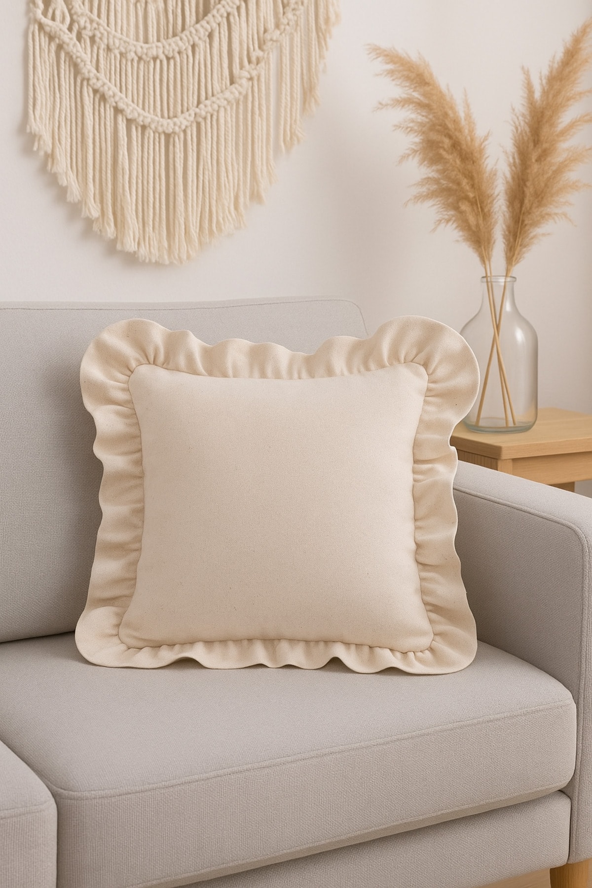 Fırfırlı Ham Keten Vintage Kırlent Kılıfı 43x43 cm - Keten Kırlent