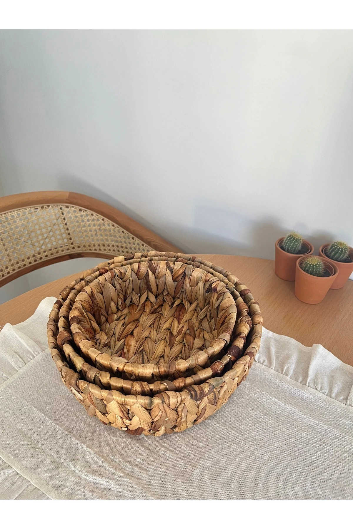 El Örgüsü Doğal Hasır Sepet Seti - 3'lü Yuvarlak