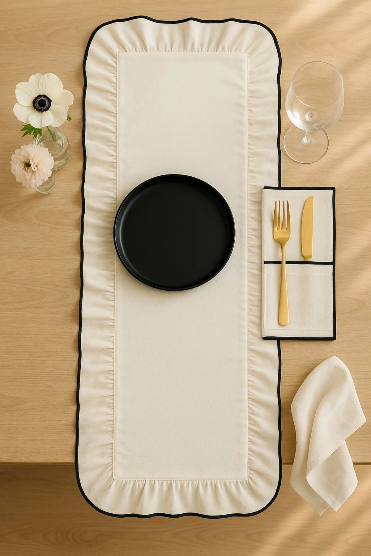 Fırfırlı Biyeli Keten Runner | Doğal Fırfırlı Runner - Sofra Dekorasyonu Için Şık Tasarım