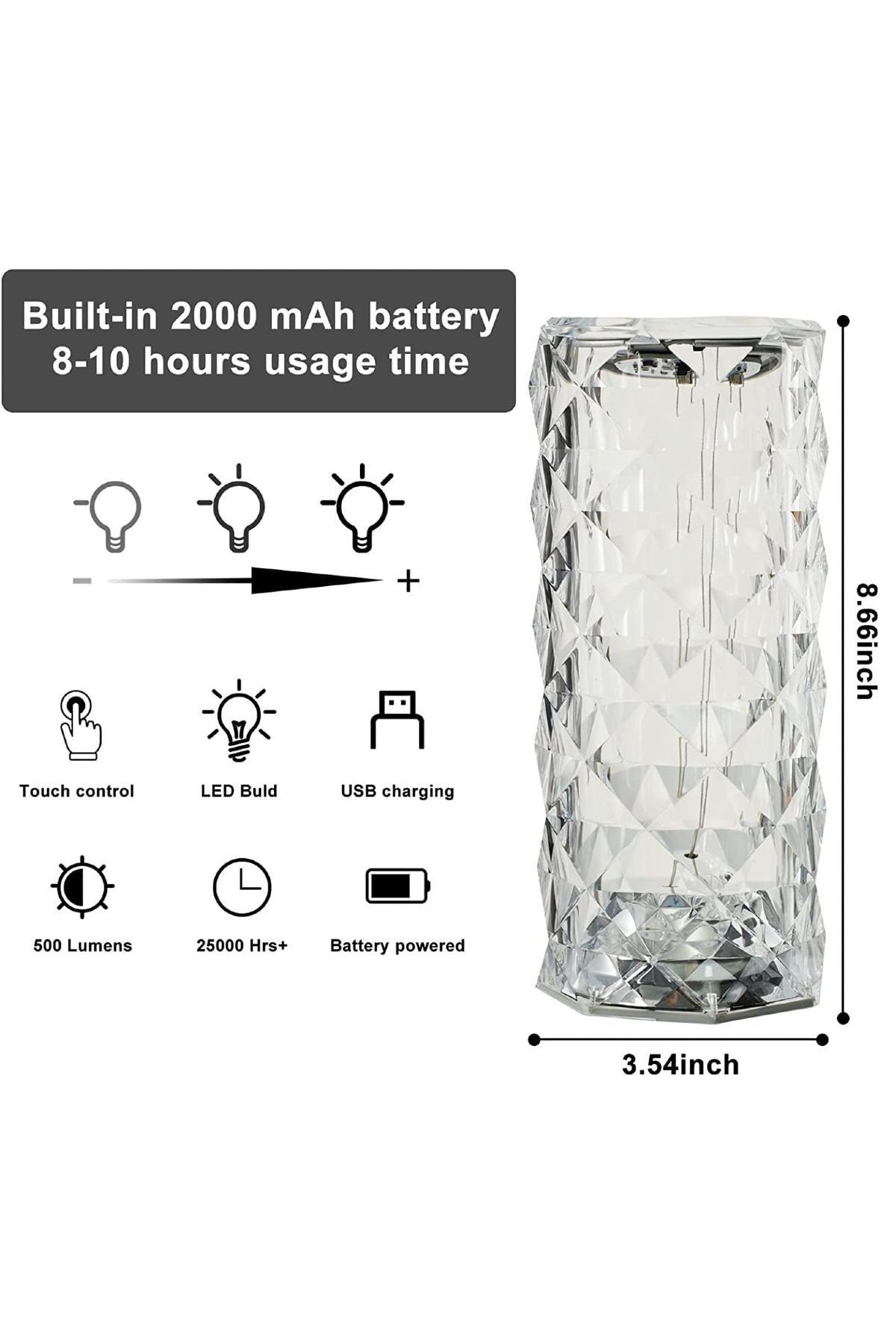 RGB Kristal Görünümlü Dokunmatik Şarjlı Masa Lambası – Renkli Işıklı USB LED Gece Lambası 2000 mAh