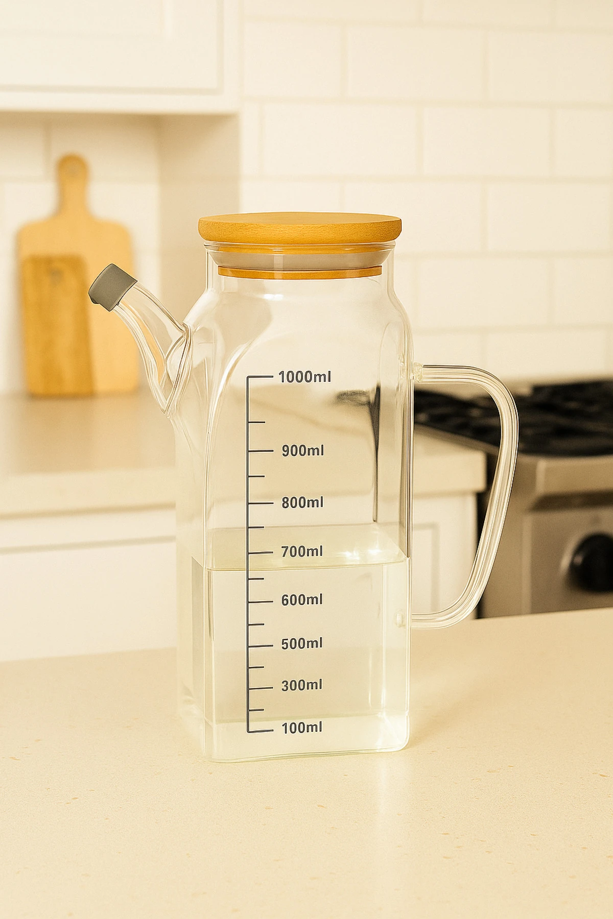 Bambu Kapaklı Ölçekli Cam Yağdanlık | 1000 ml