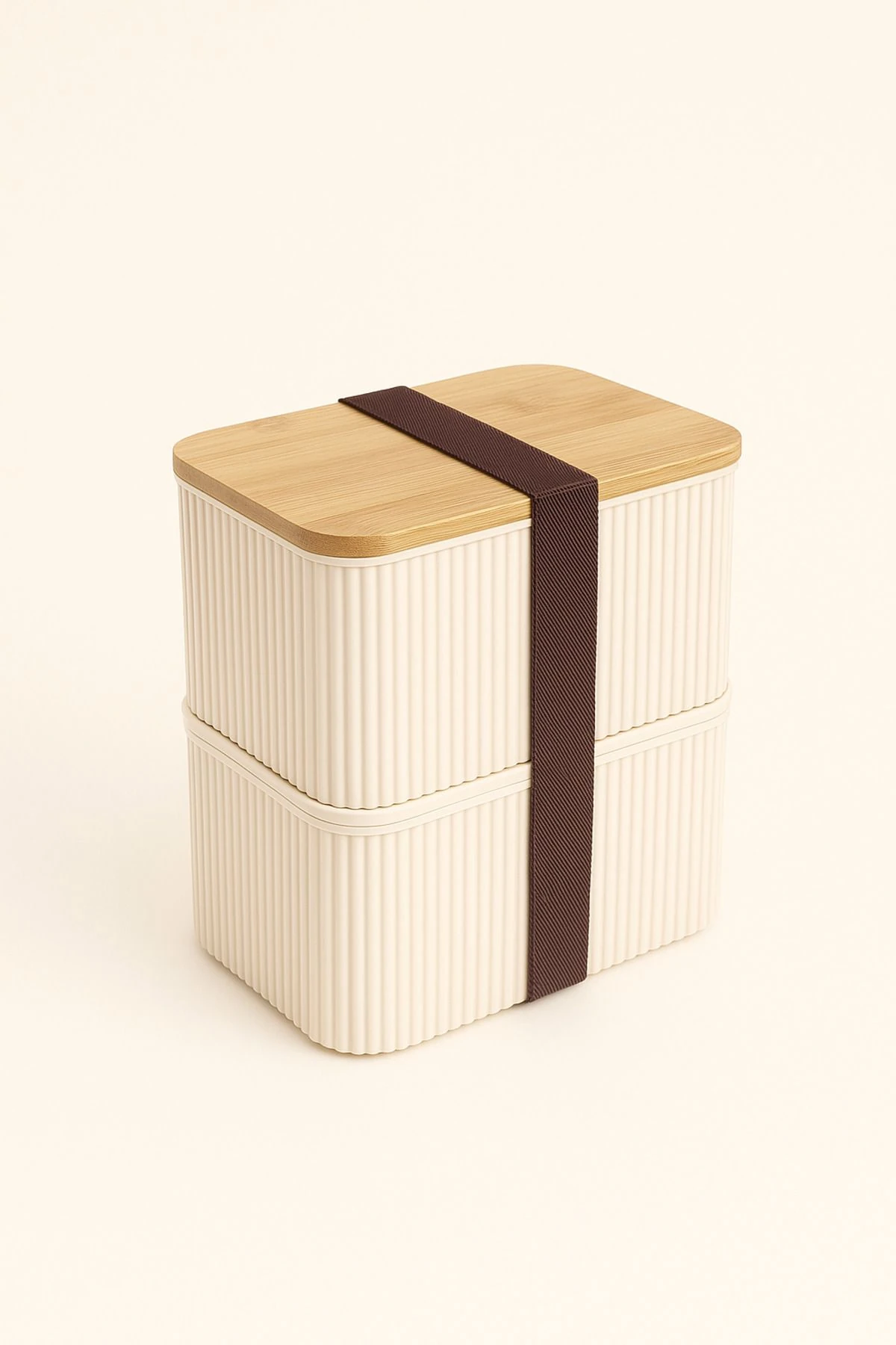 İkili Bambu Kapaklı Saklama Kabı – Taşınabilir Yemek Kabı Seti - krem1