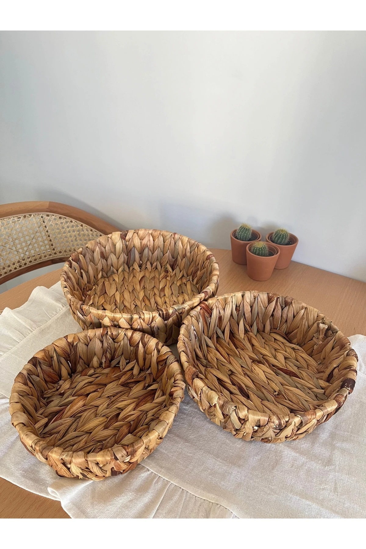 El Örgüsü Doğal Hasır Sepet Seti - 3'lü Yuvarlak