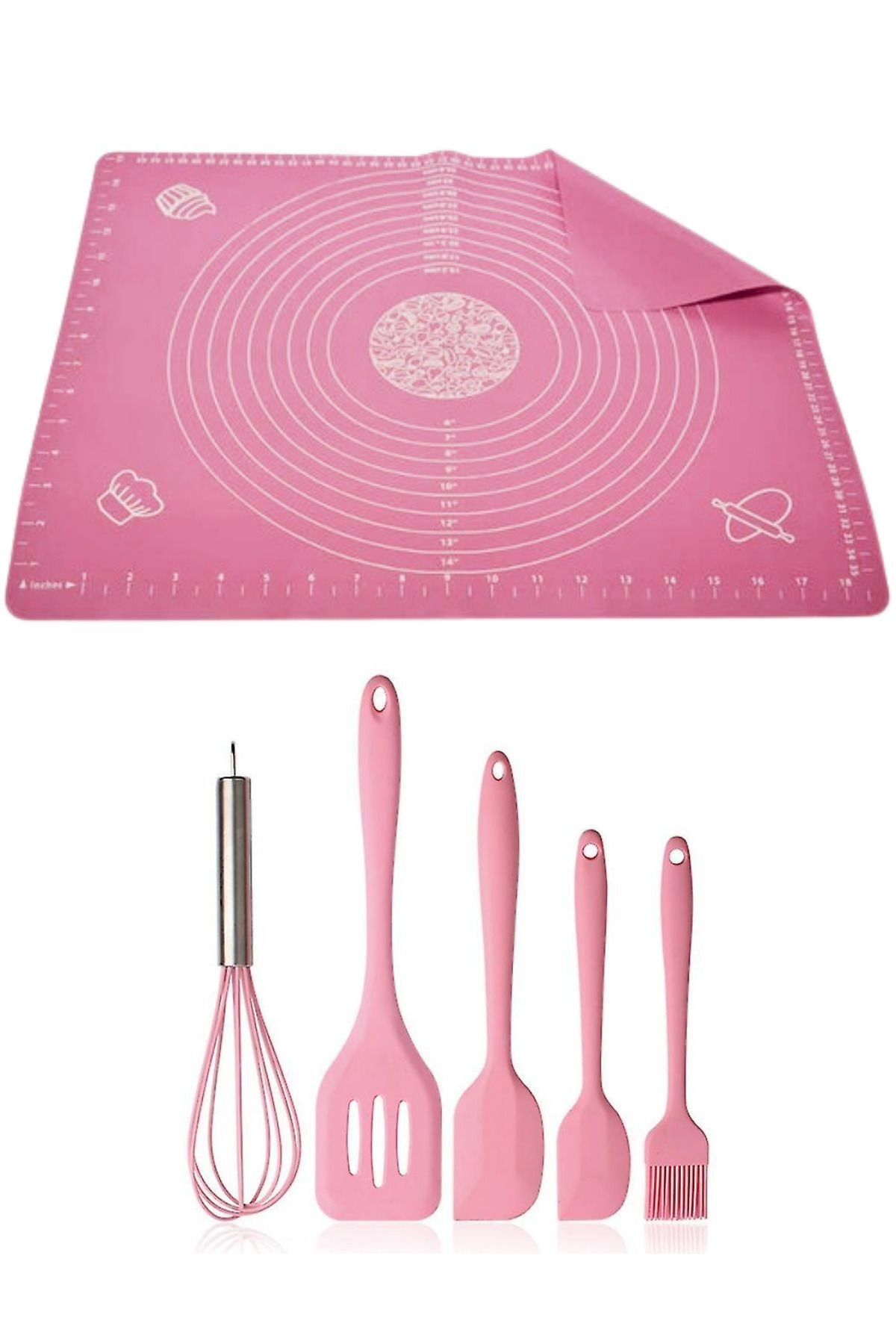 Pratik Fırınlanabilir Silikon Hamur Açma Matı Pişirme Matı ve Spatula Kaşık Çırpıcı Fırça Seti
