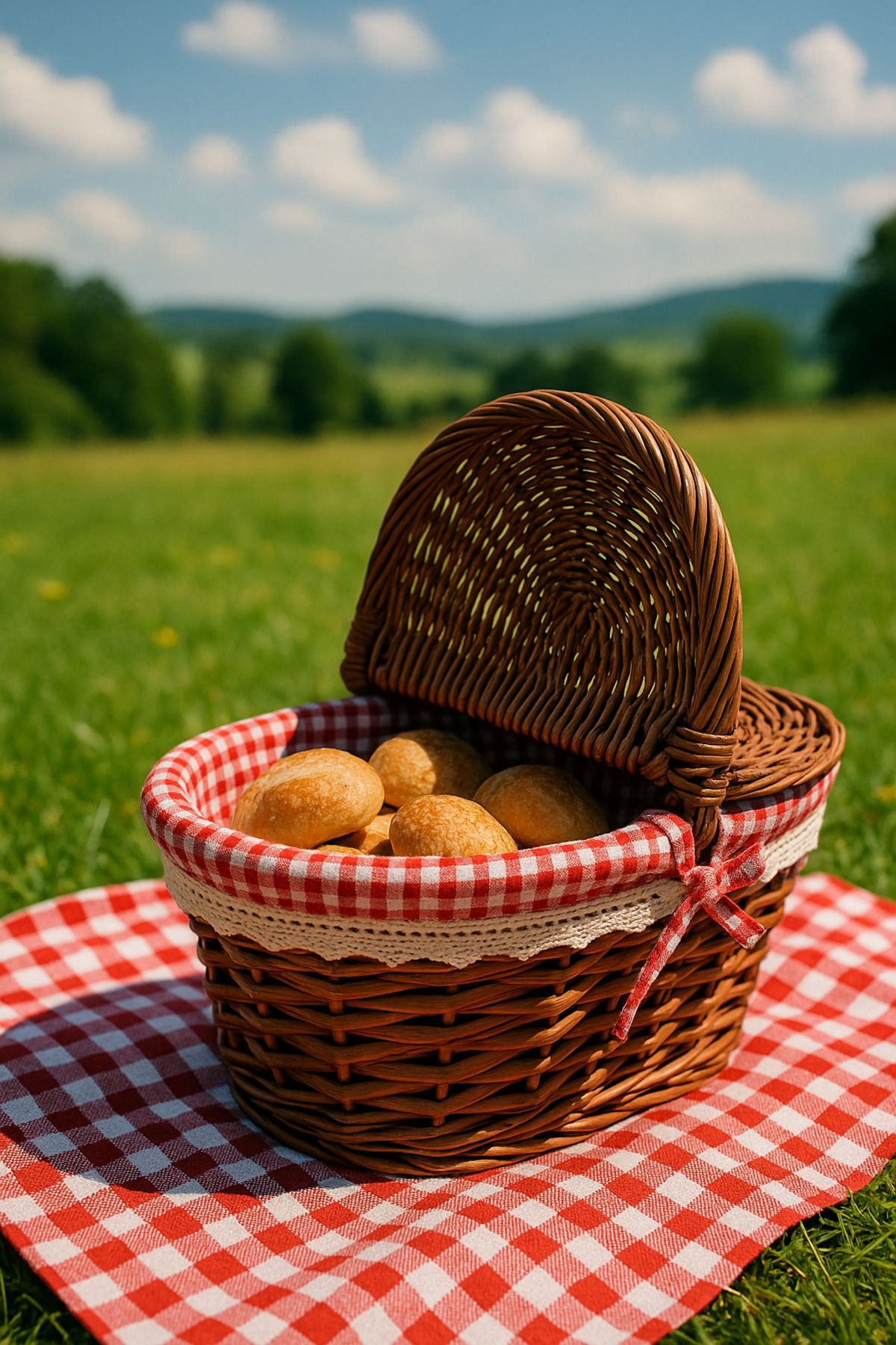 Kırmızı Kareli Kumaş Detaylı Hasır Piknik Sepeti – Kahverengi Kapaklı Rustik Tasarım