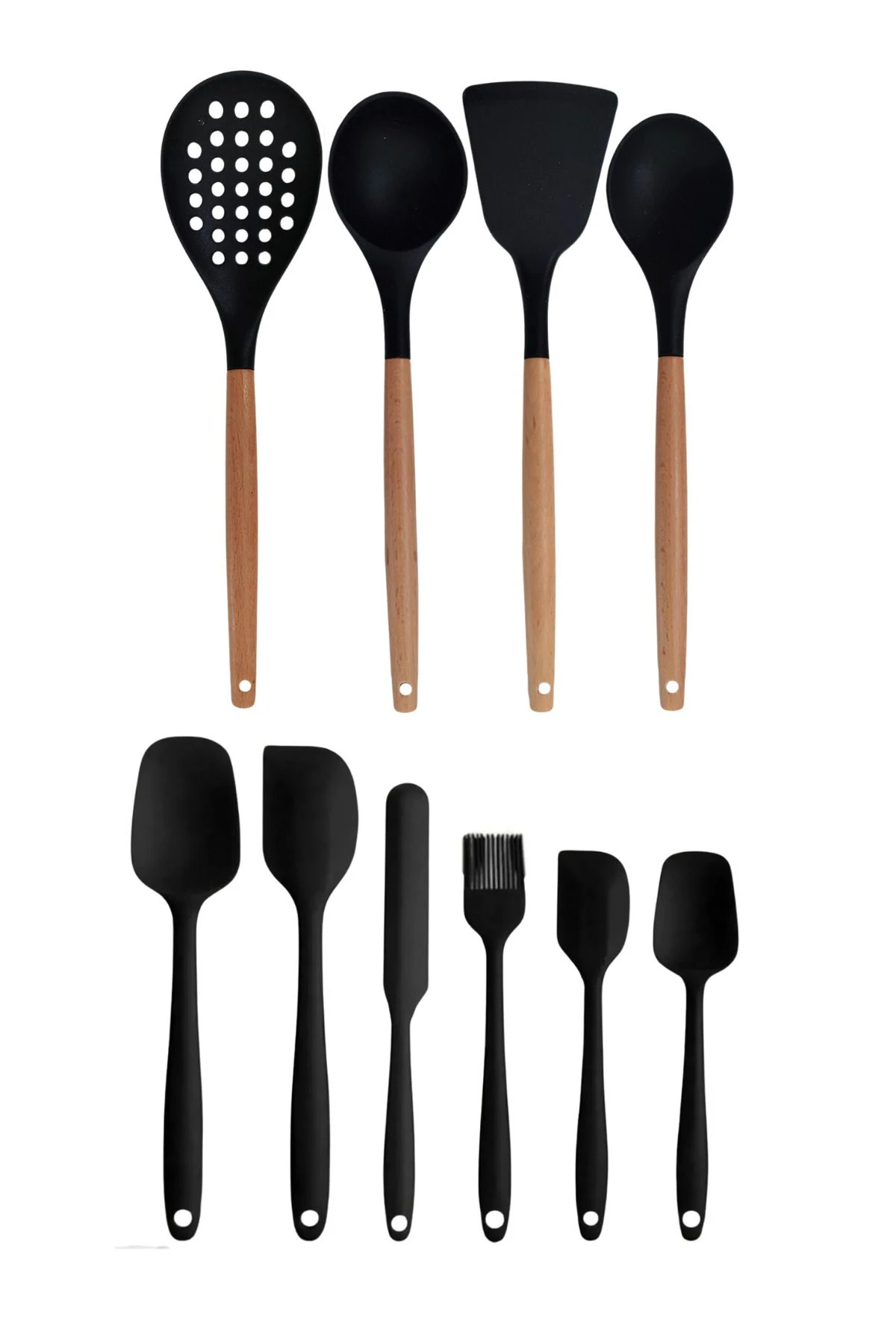 10 Parça Silikon Mutfak Gereçleri Seti – Bambu Saplı Servis ve Pişirme Gereçleri - Siyah