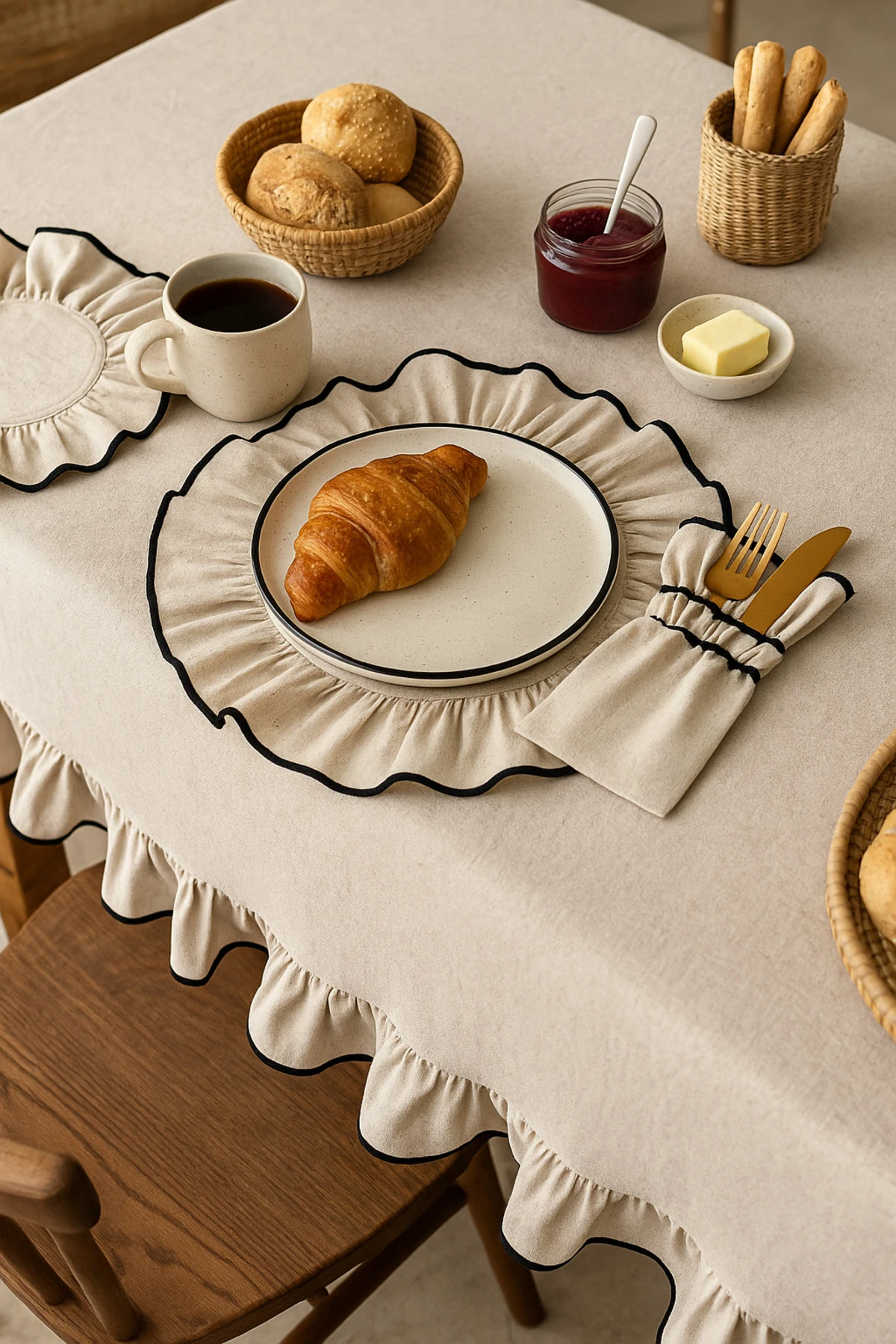 Elite Fırfırlı Biyeli Ham Keten Masa Örtüsü – Fırfırlı Bej Masa Örtüsü