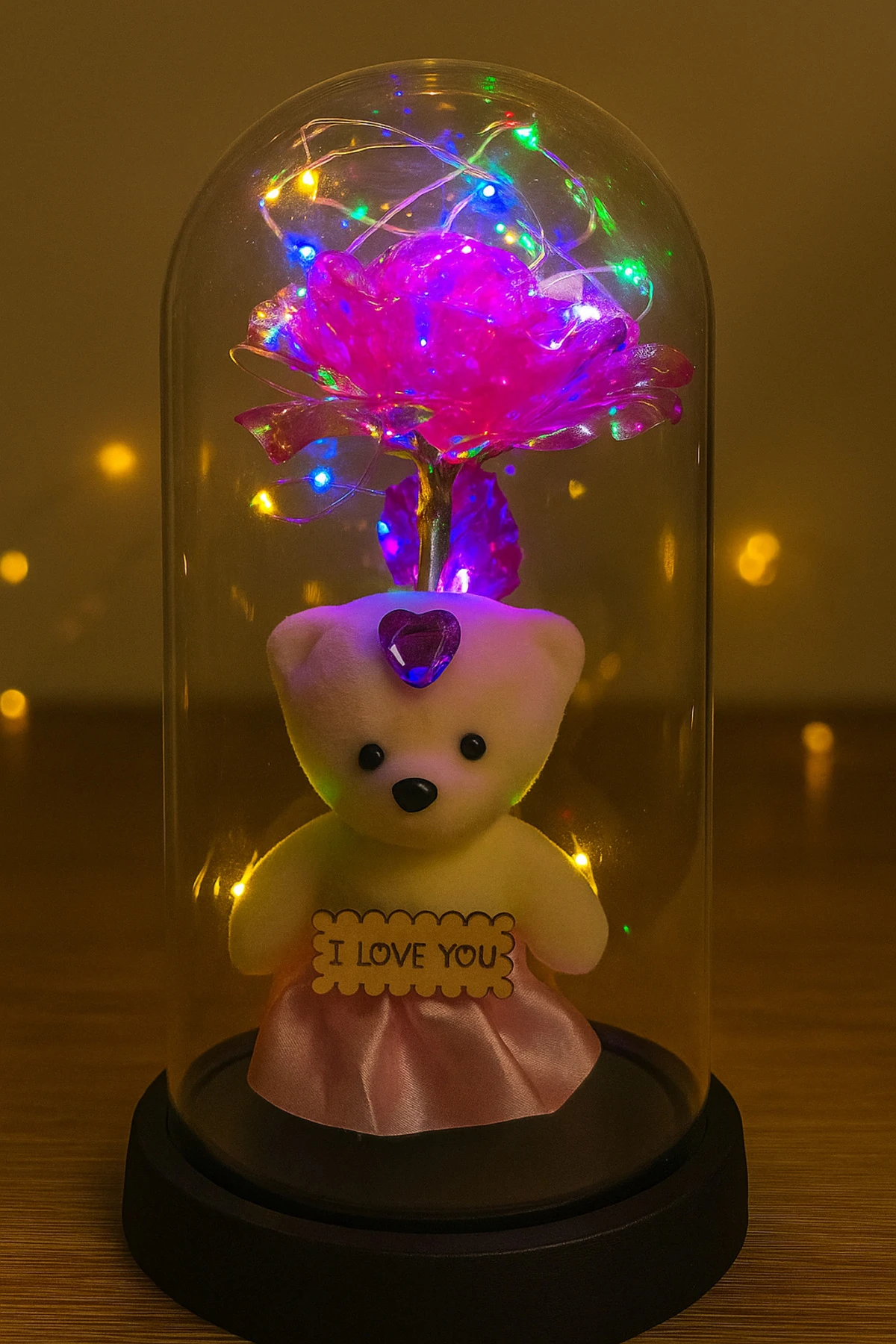 Işıklı Gül ve Ayıcık Cam Fanus – Romantik Hediyelik Dekoratif Gece Lambası