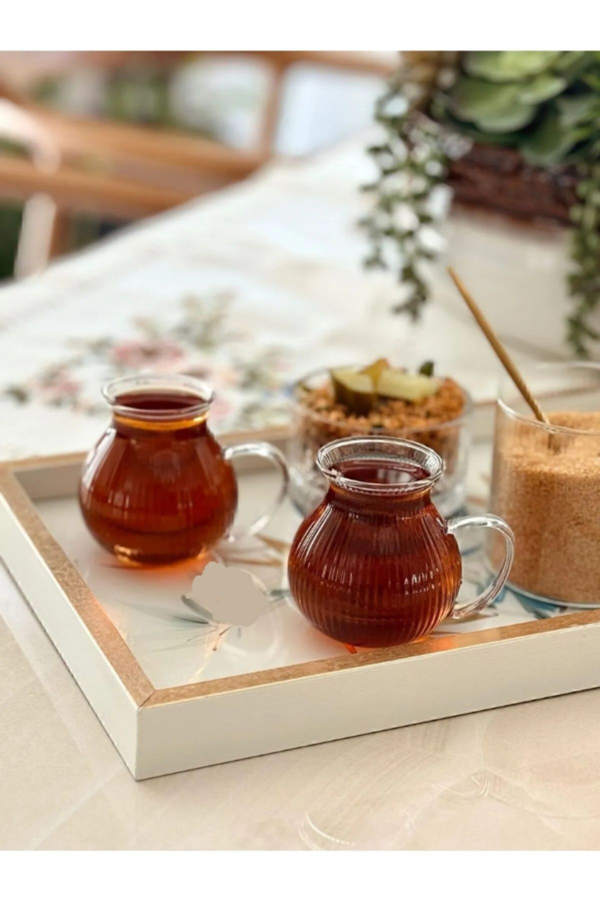 6'lı Keyfi Ala Çizgili Borosilikat Cam Kulplu Çay Bardağı 220ml Bardak