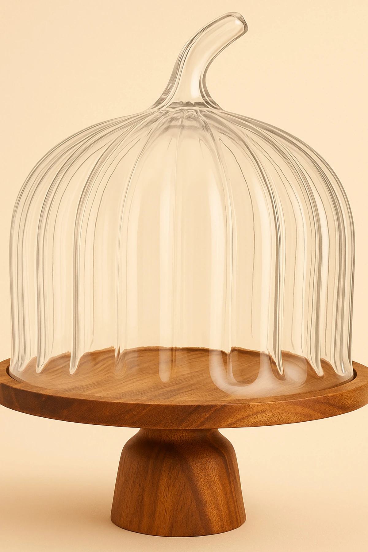 Akasya Tabanlı Cam Fanuslu Ahşap Ayaklı Kek ve Servis Tabağı - Kahverengi