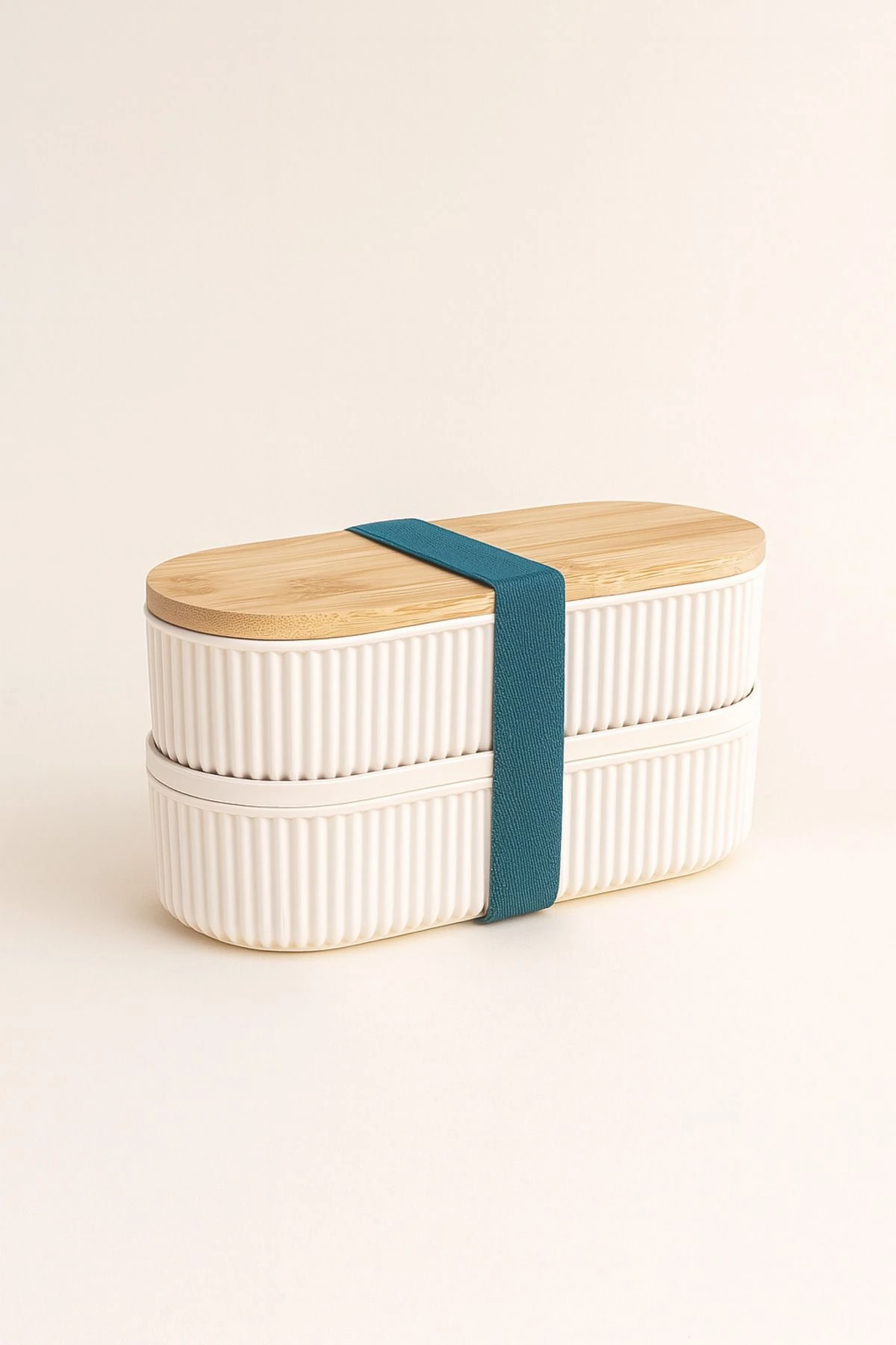 İkili Bambu Kapaklı Saklama Kabı – Taşınabilir Yemek Kabı Seti - krem