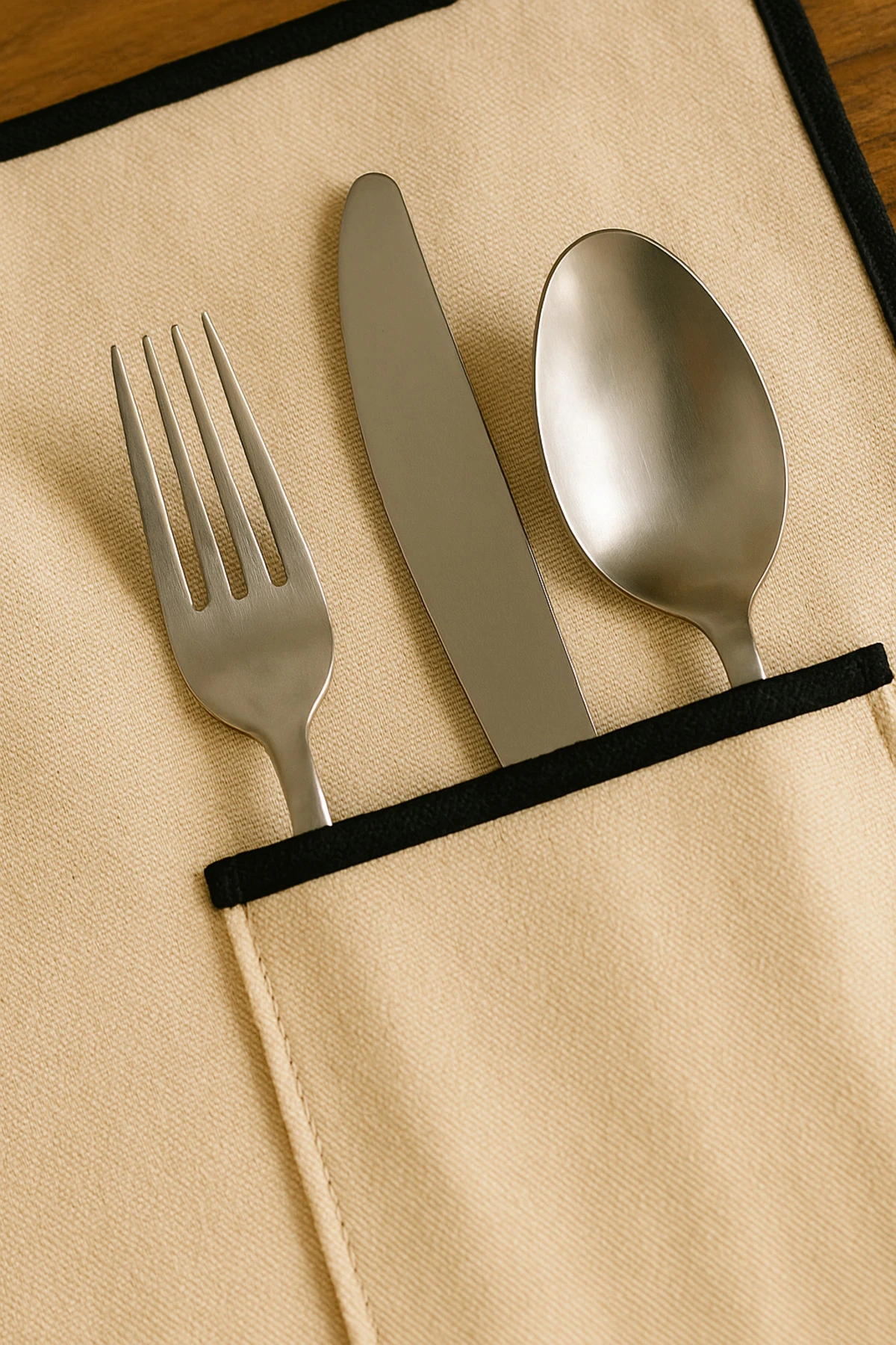 6'lı Bej Ham Keten Siyah Biyeli Amerikan Servis Seti | Cep Detaylı Şık Sofra Altlığı