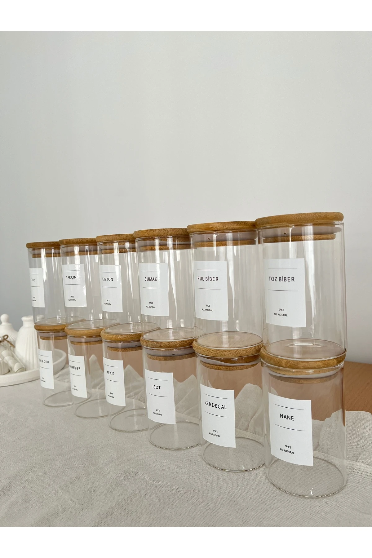 Bambu Kapaklı Baharatlık Seti - 250 ml Bambu Kapaklı Cam Baharatlık