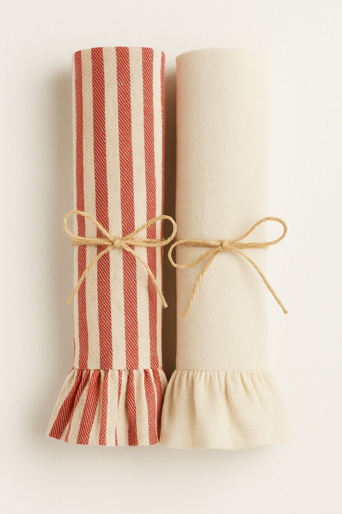 Fırfırlı Mutfak Kurulama Bezi 2’li Set – Çizgili & Keten Görünümlü - kırmızı