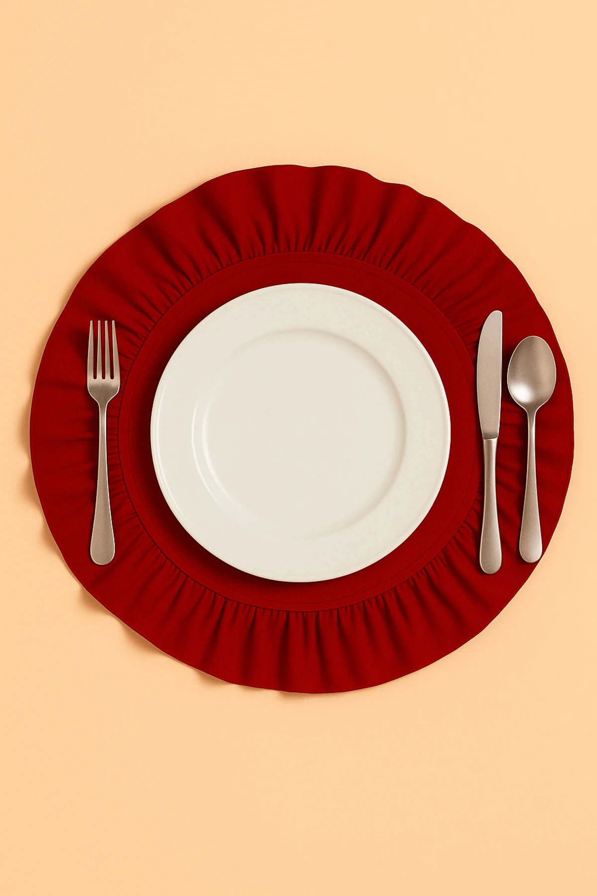 12’li Kırmızı Ham Keten Sofra Seti – Fırfırlı Amerikan Servis ve Kaşıklık / Peçetelik