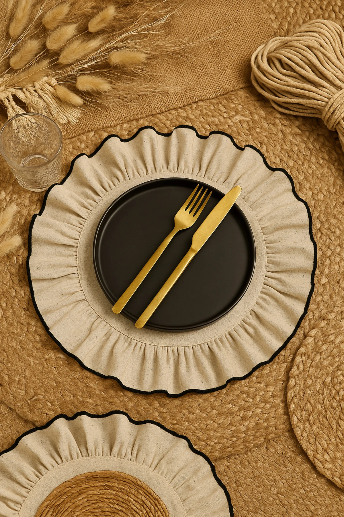 6'lı Fırfırlı Amerikan Servis - Biyeli Kumaş Supla - Dekoratif Masa Altlığı