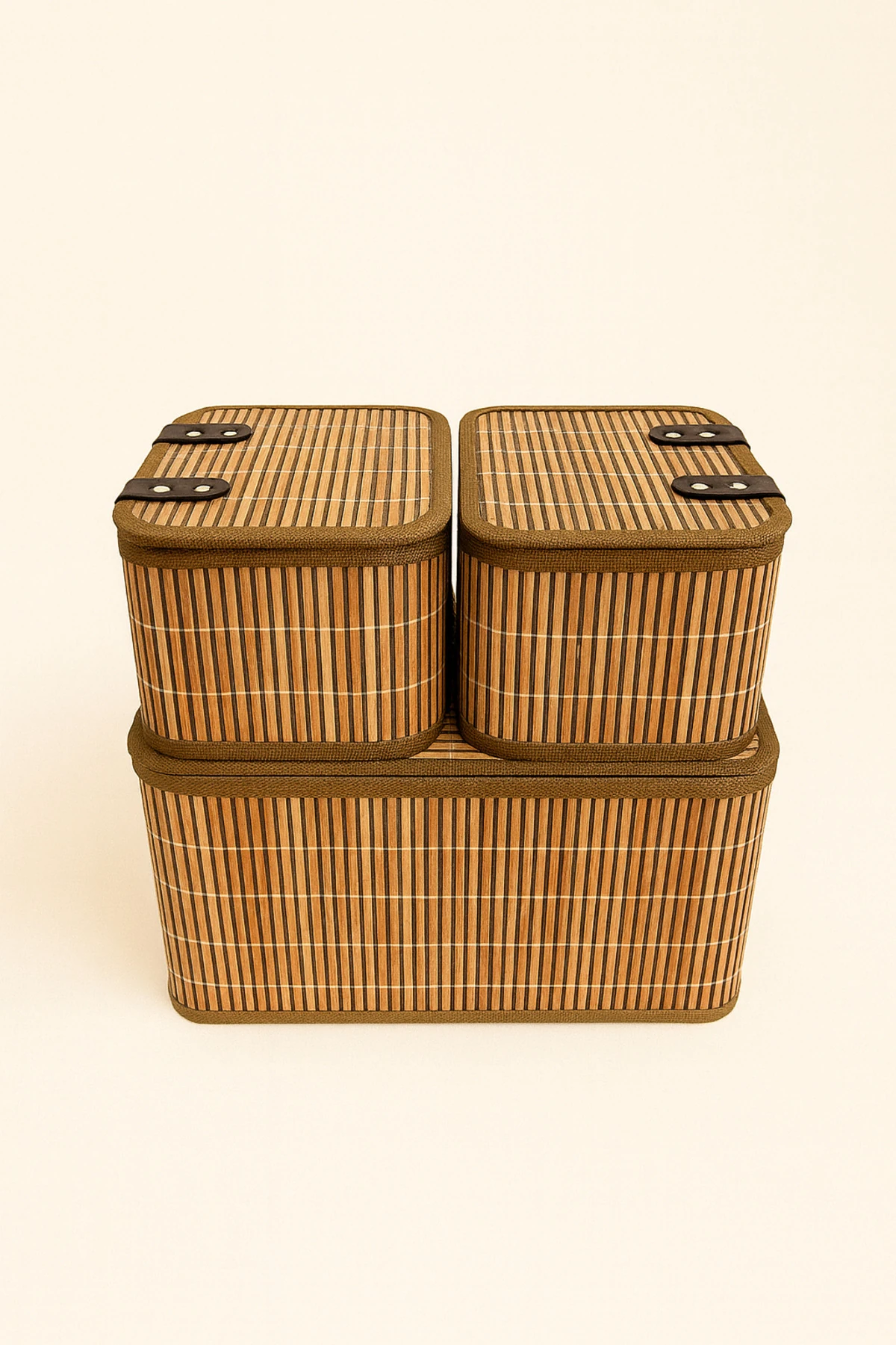 3’lü Bambu Kapaklı Kumaş Sepet Seti | Büyük ve Küçük Boy Düzenleyici Kutular