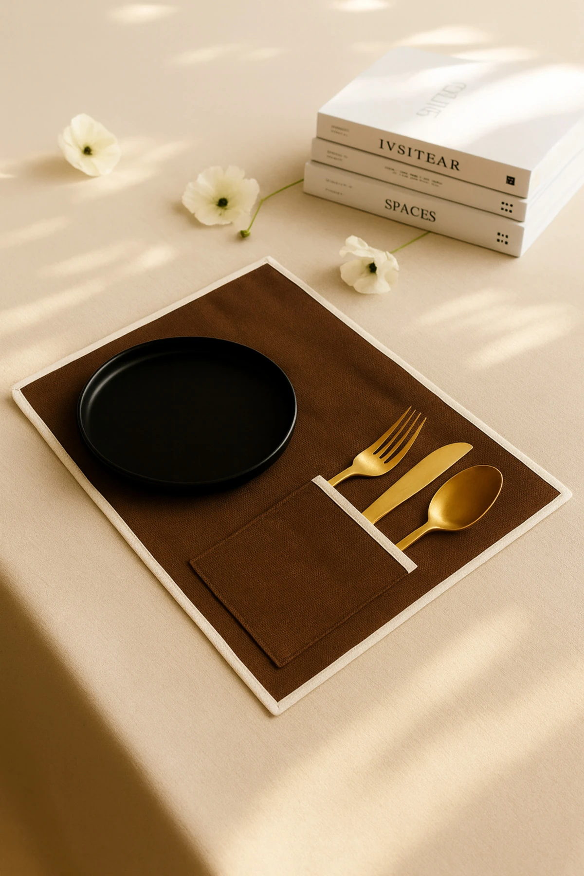 6'lı Biyeli Amerikan Servis Seti | Cep Detaylı Şık Sofra Altlığı - Kahverengi