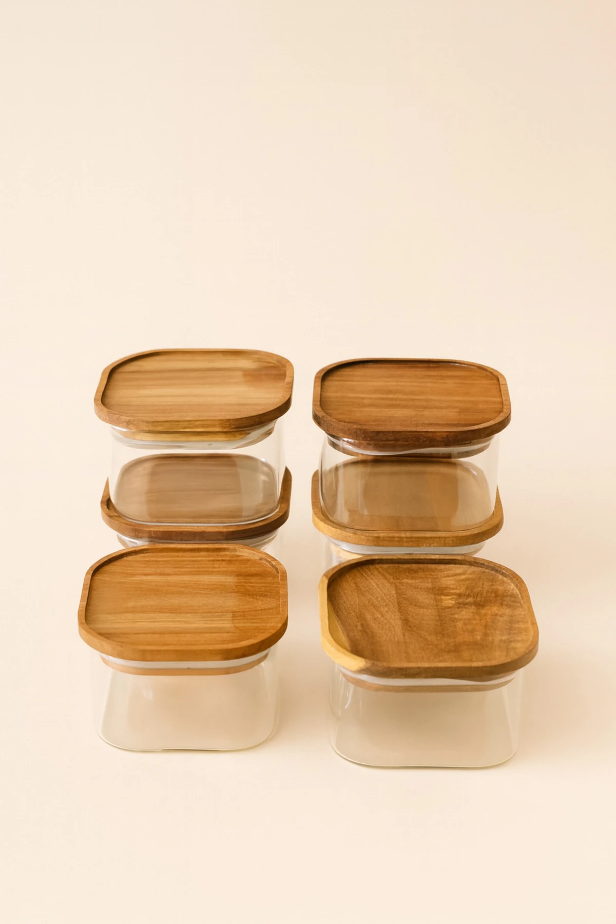 6’lı Akasya Kapaklı Kare Kahvaltılık Seti – Cam Sunum ve Saklama Kapları