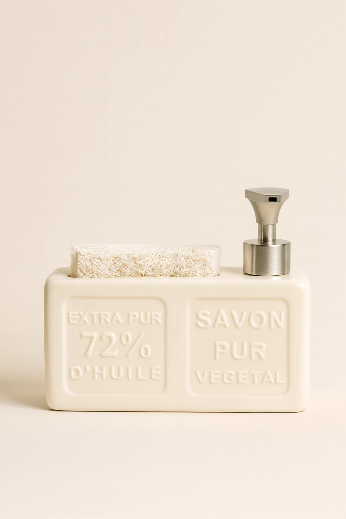 Seramik Süngerlikli Sıvı Sabunluk | Modern Krem Renkli Hazneli Pompalı Banyo Sabunluğu